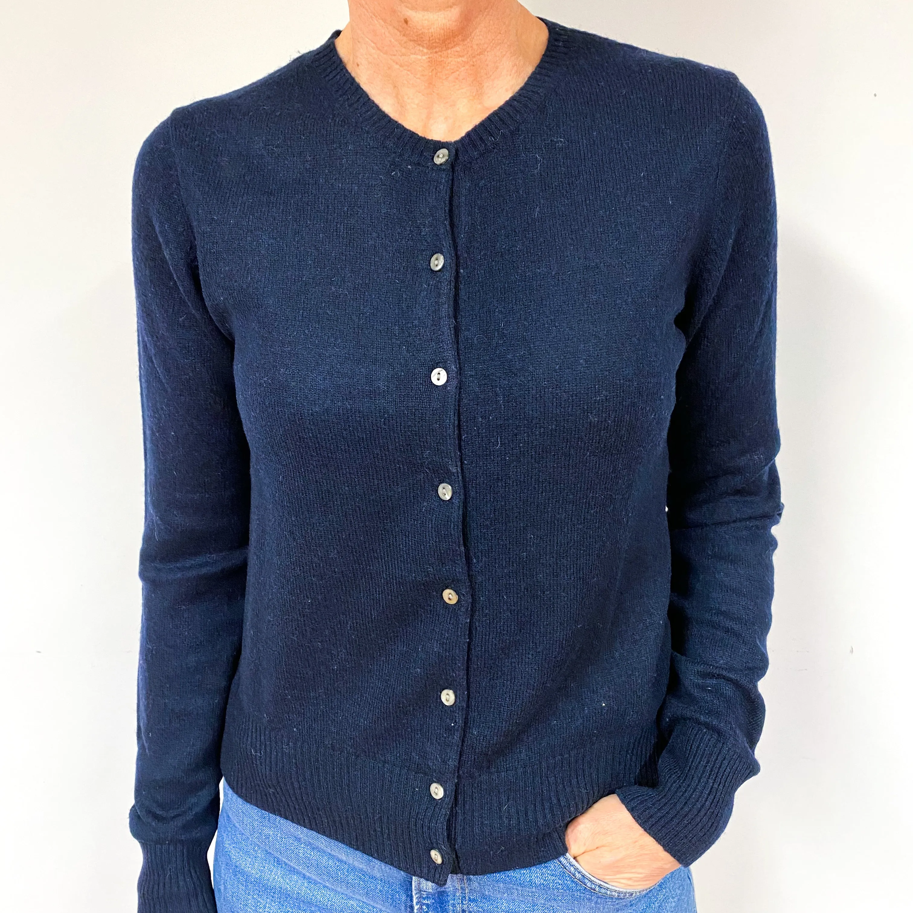 Dark Navy Cashmere Crew Neck Cardigan Medium