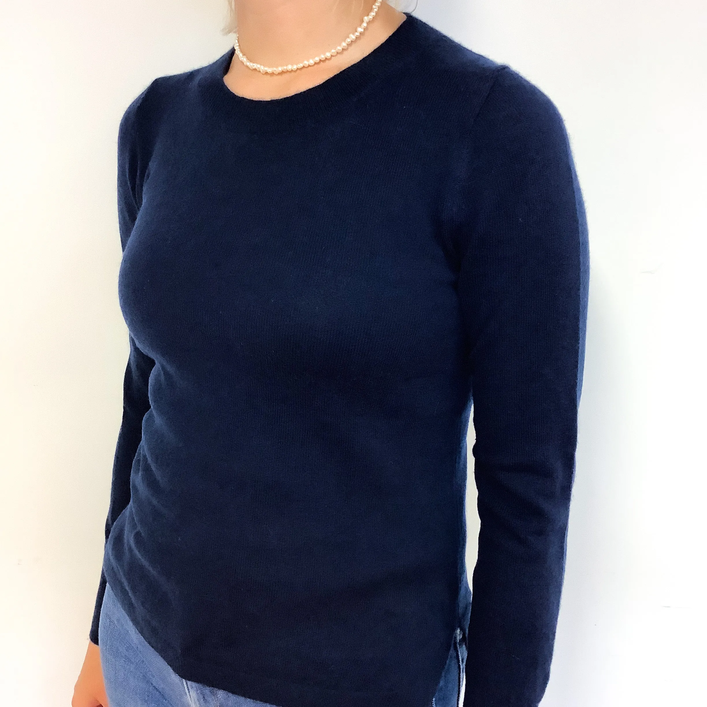 Dark Navy Split Hem Cashmere Crew Neck Jumper Small