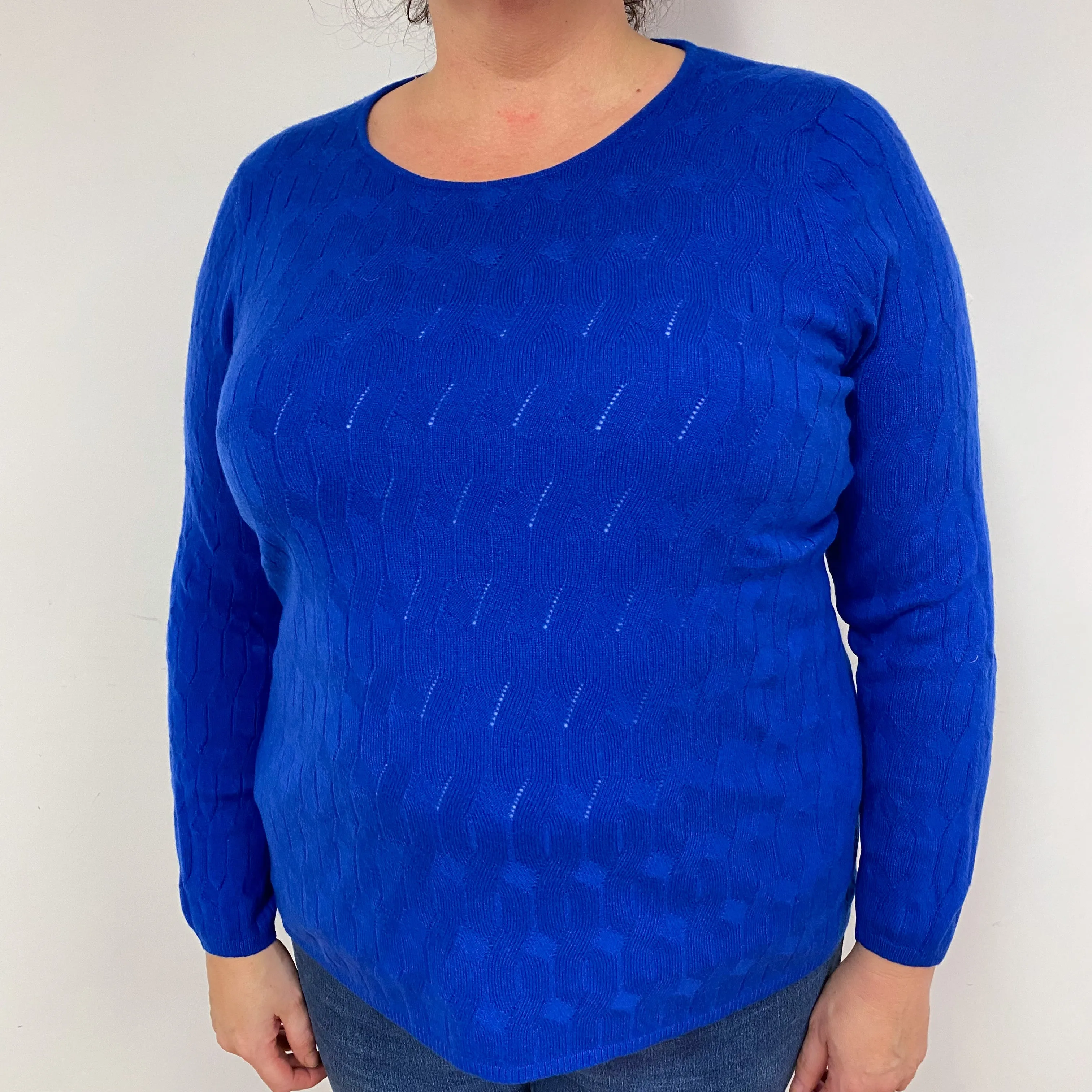 Deep Blue Lace Knit Cashmere Crew Neck Jumper Extra Large