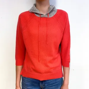 Deep Coral and Grey Cashmere Hoodie Jumper Extra Small
