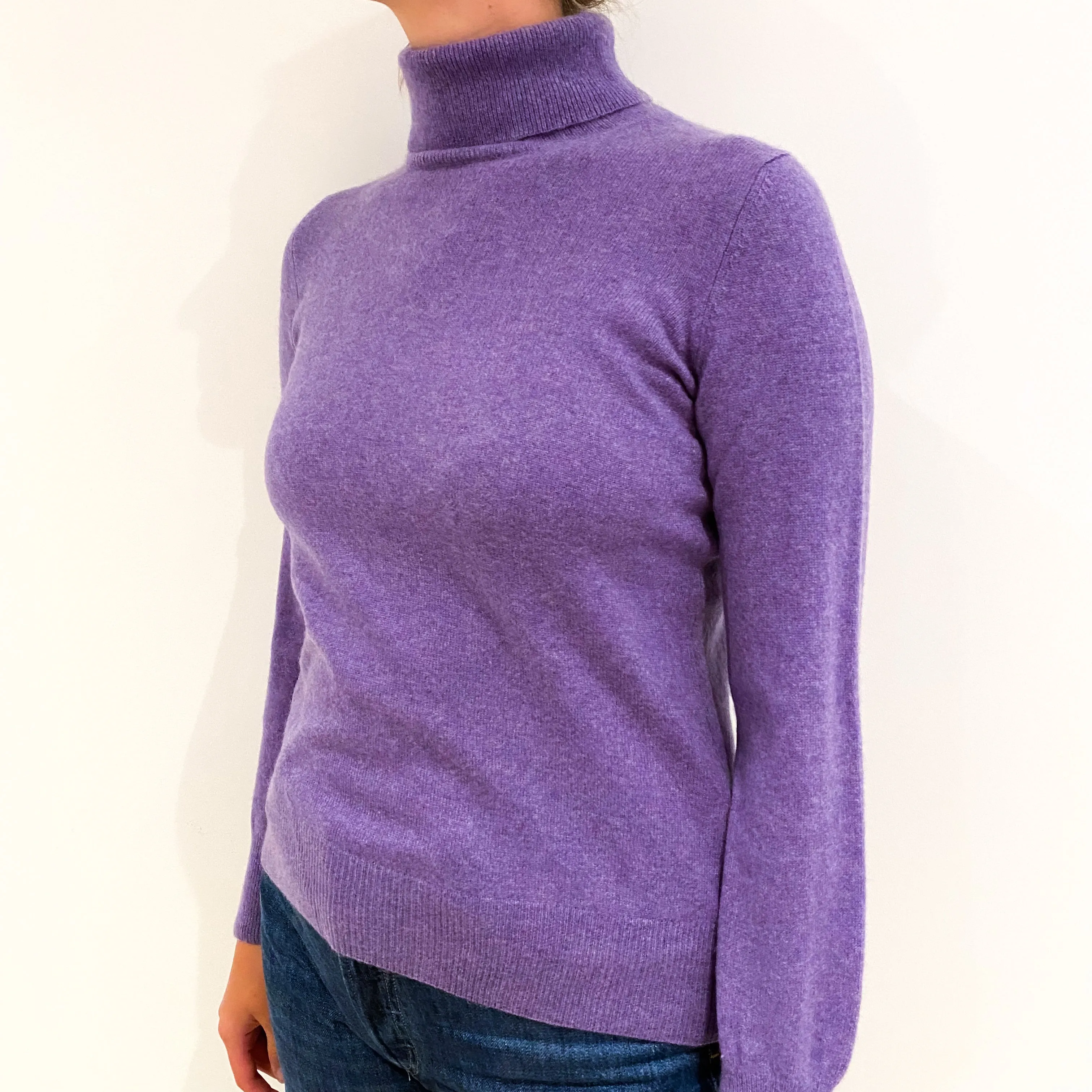 Deep Lavender Purple Cashmere Polo Neck Jumper Small
