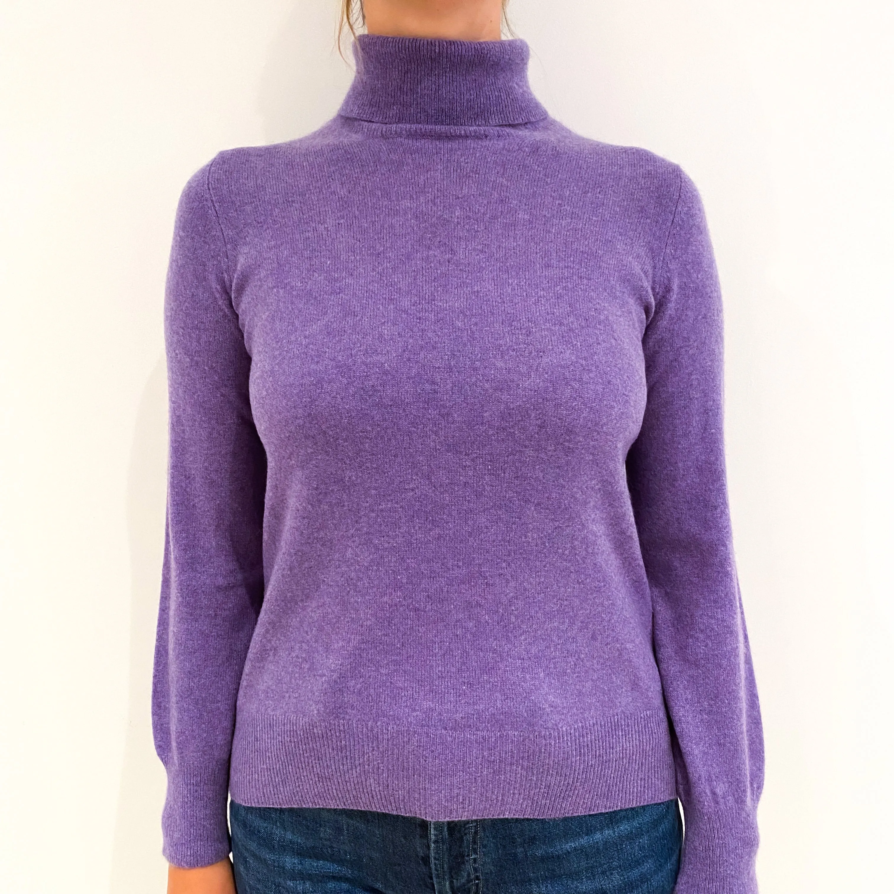 Deep Lavender Purple Cashmere Polo Neck Jumper Small