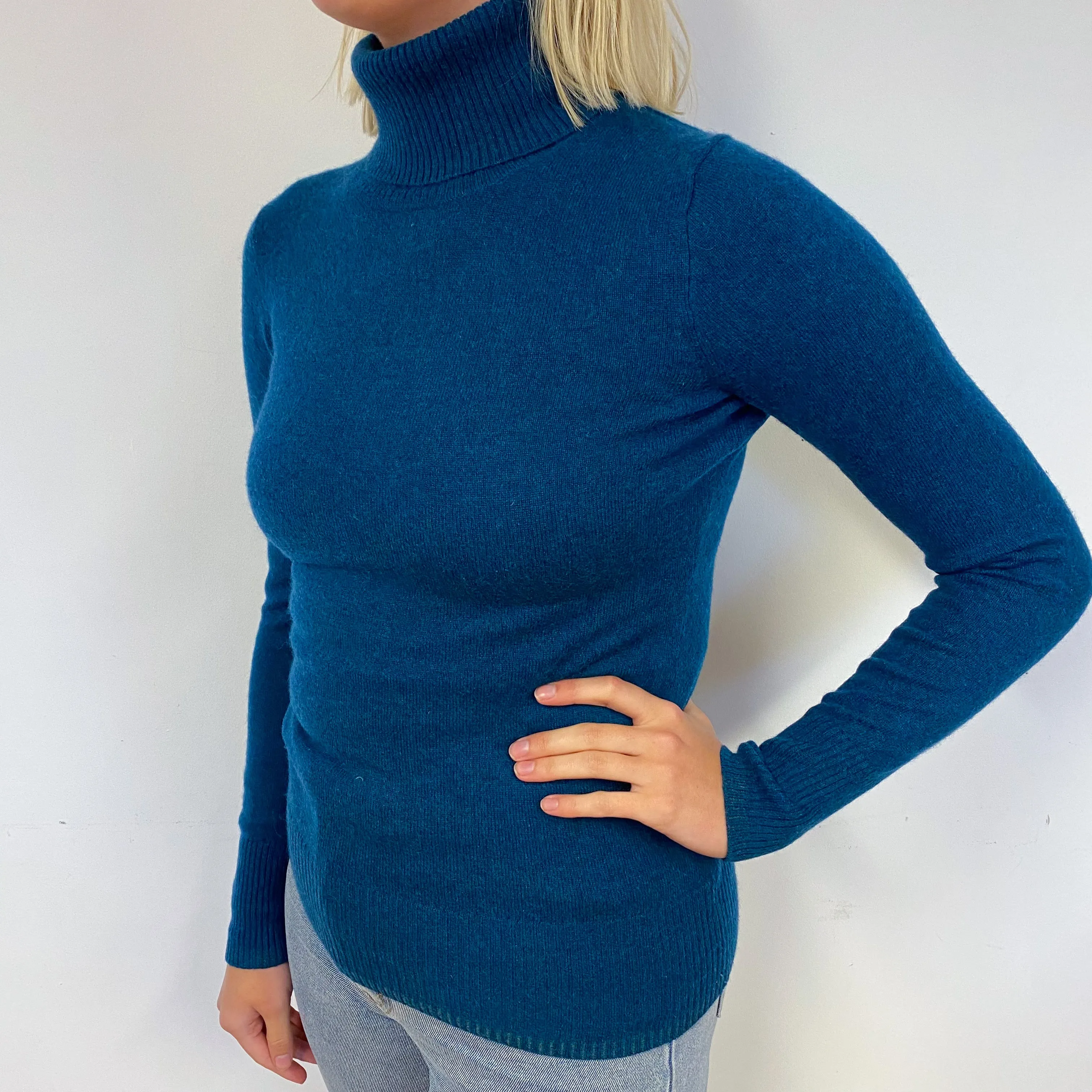Deep Petrol Blue Cashmere Polo Neck Jumper Small
