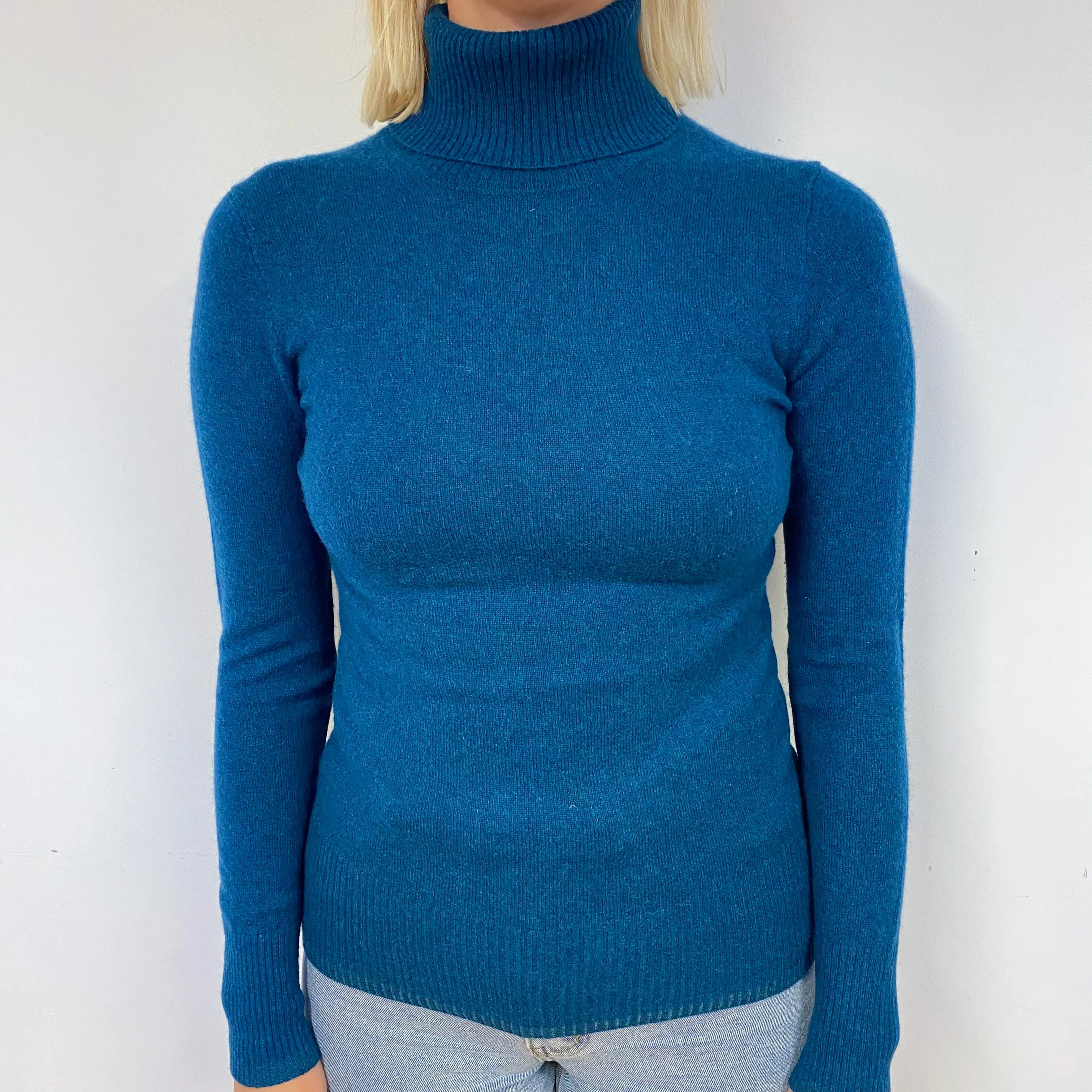 Deep Petrol Blue Cashmere Polo Neck Jumper Small