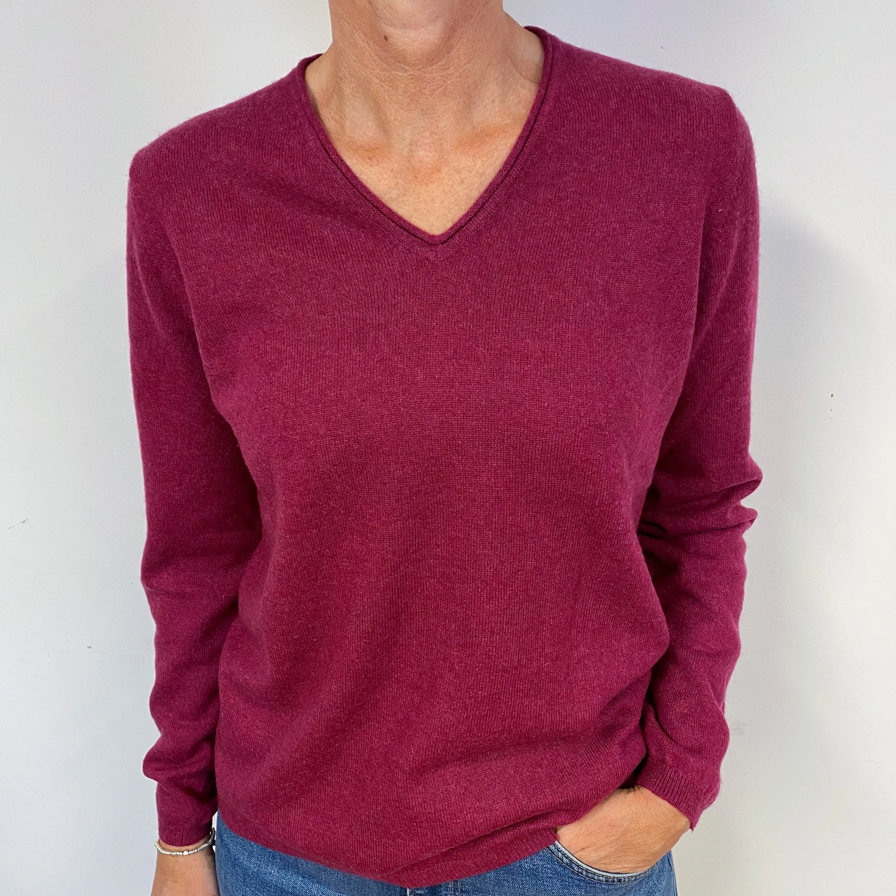Deep Raspberry Pink Cashmere V-Neck Jumper