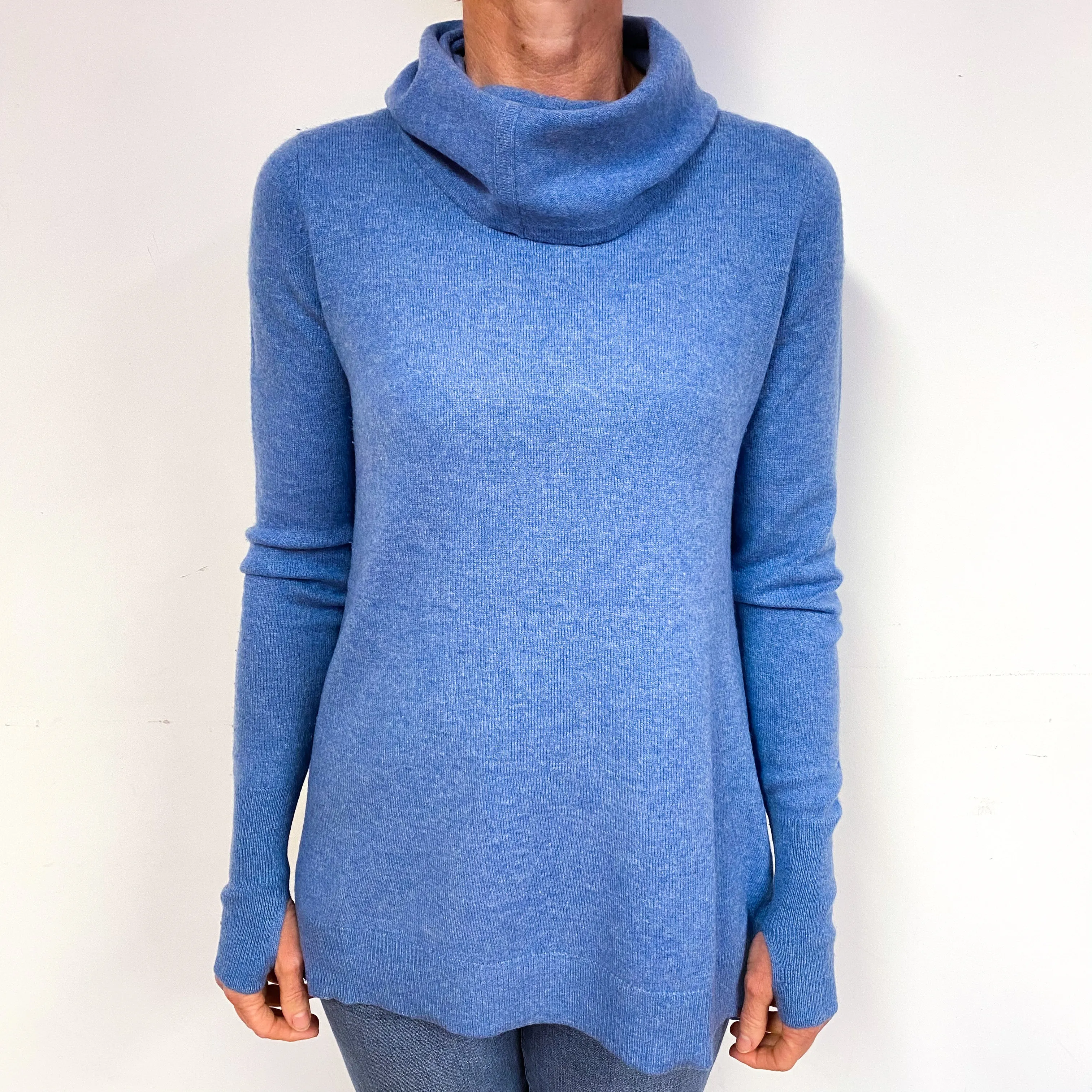 Deep Sky Blue Cashmere Cowl Neck Jumper Medium
