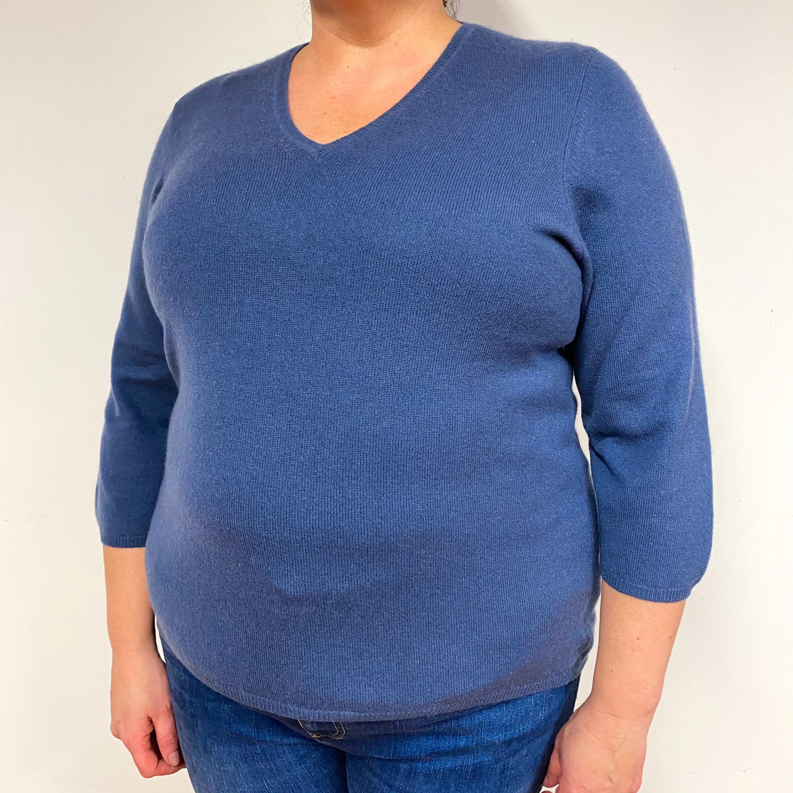 Denim Blue Cashmere V-Neck Jumper Extra Large