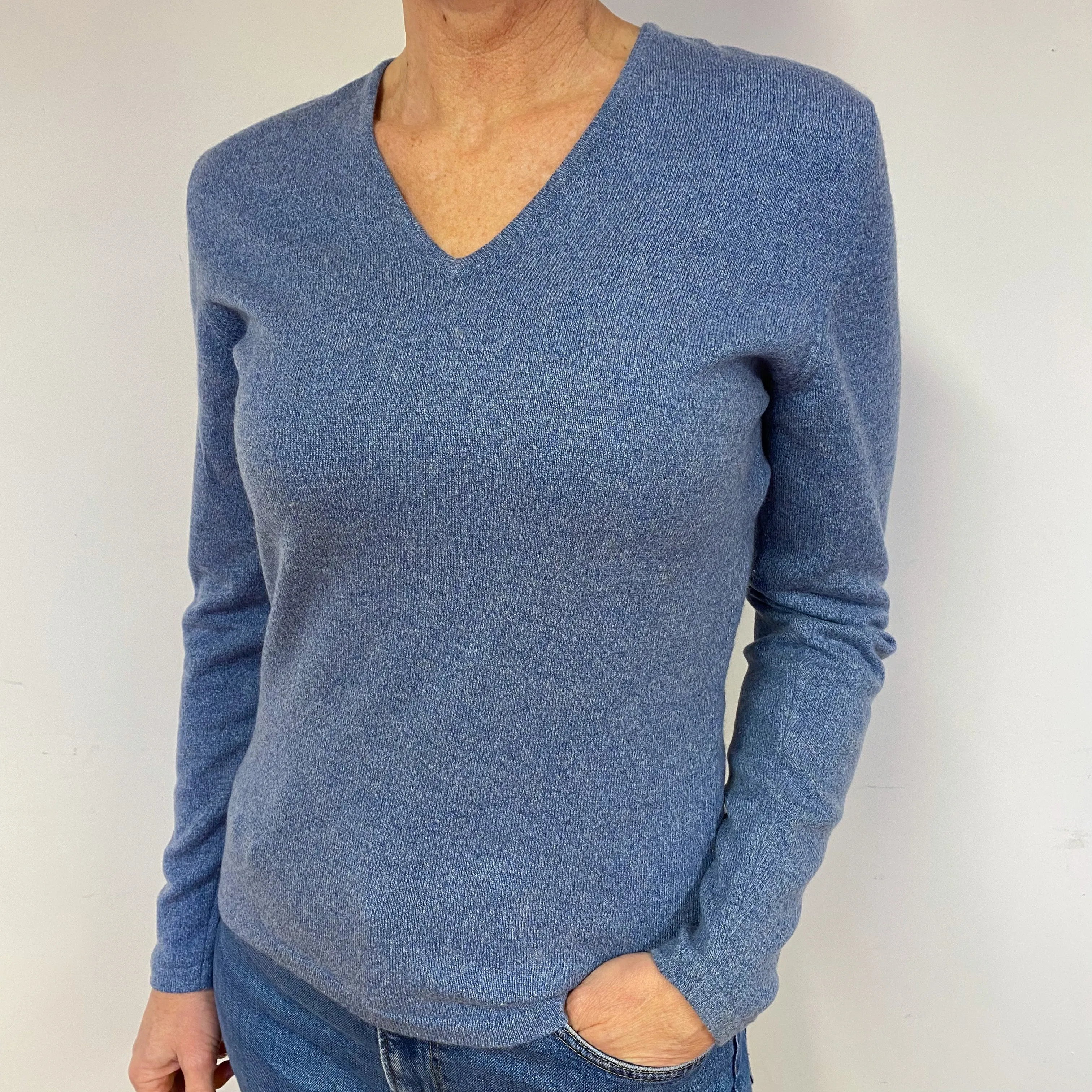 Denim Blue Cashmere V-Neck Jumper Medium