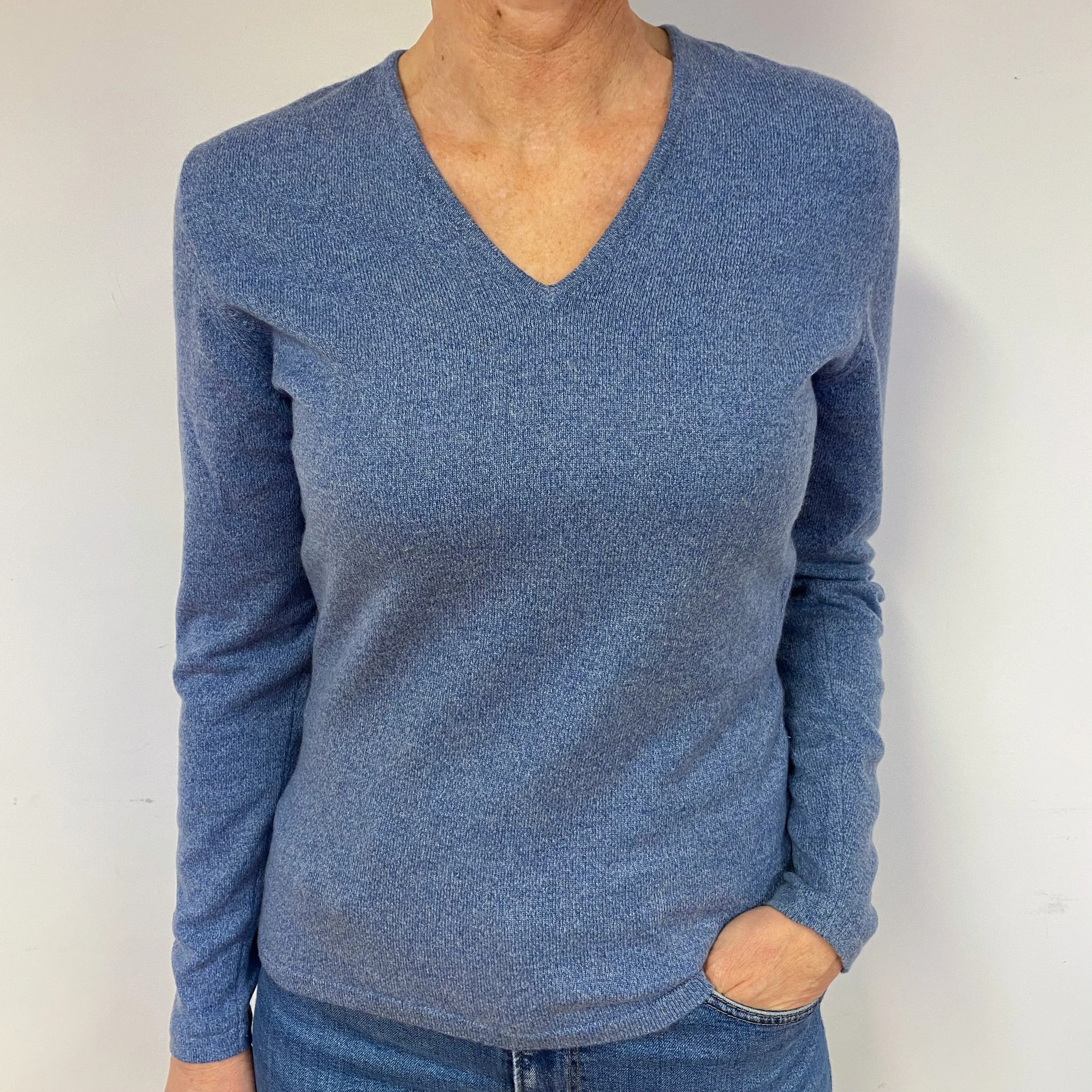 Denim Blue Cashmere V-Neck Jumper Medium