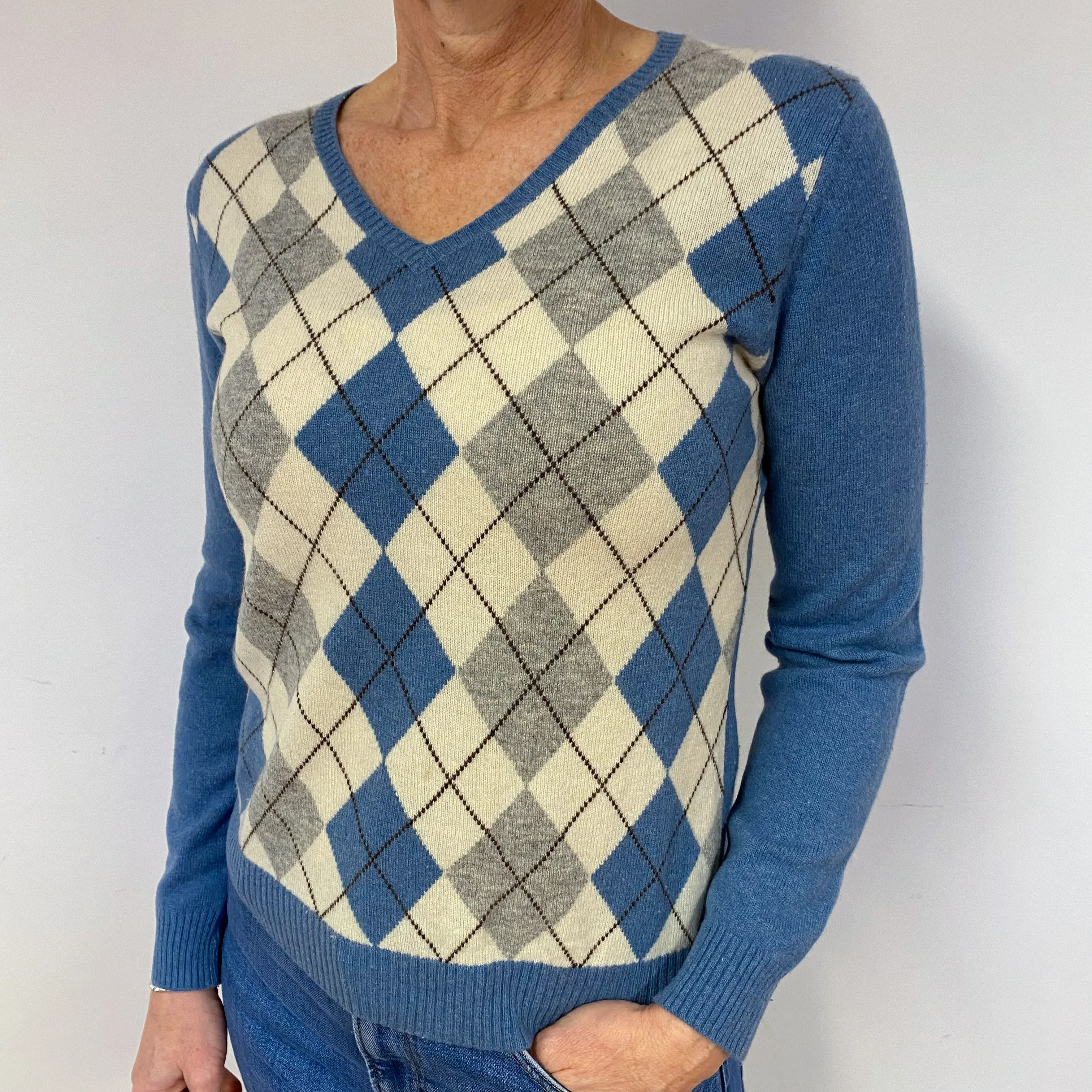 Denim Blue Diamond Cashmere V-Neck Jumper Medium