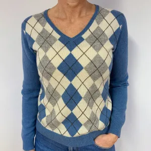 Denim Blue Diamond Cashmere V-Neck Jumper Medium