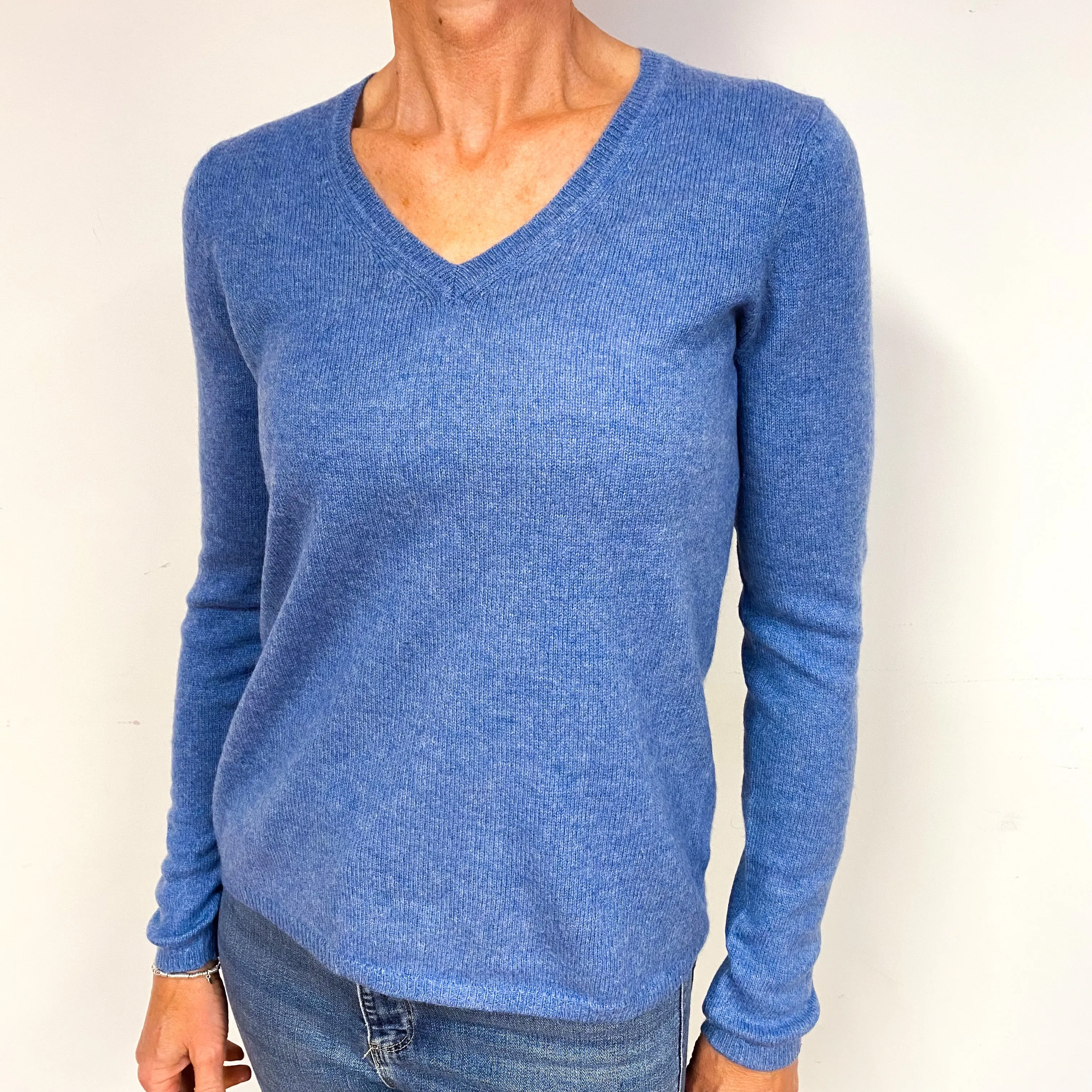 Denim Blue Lightweight Cashmere V-Neck Jumper Medium