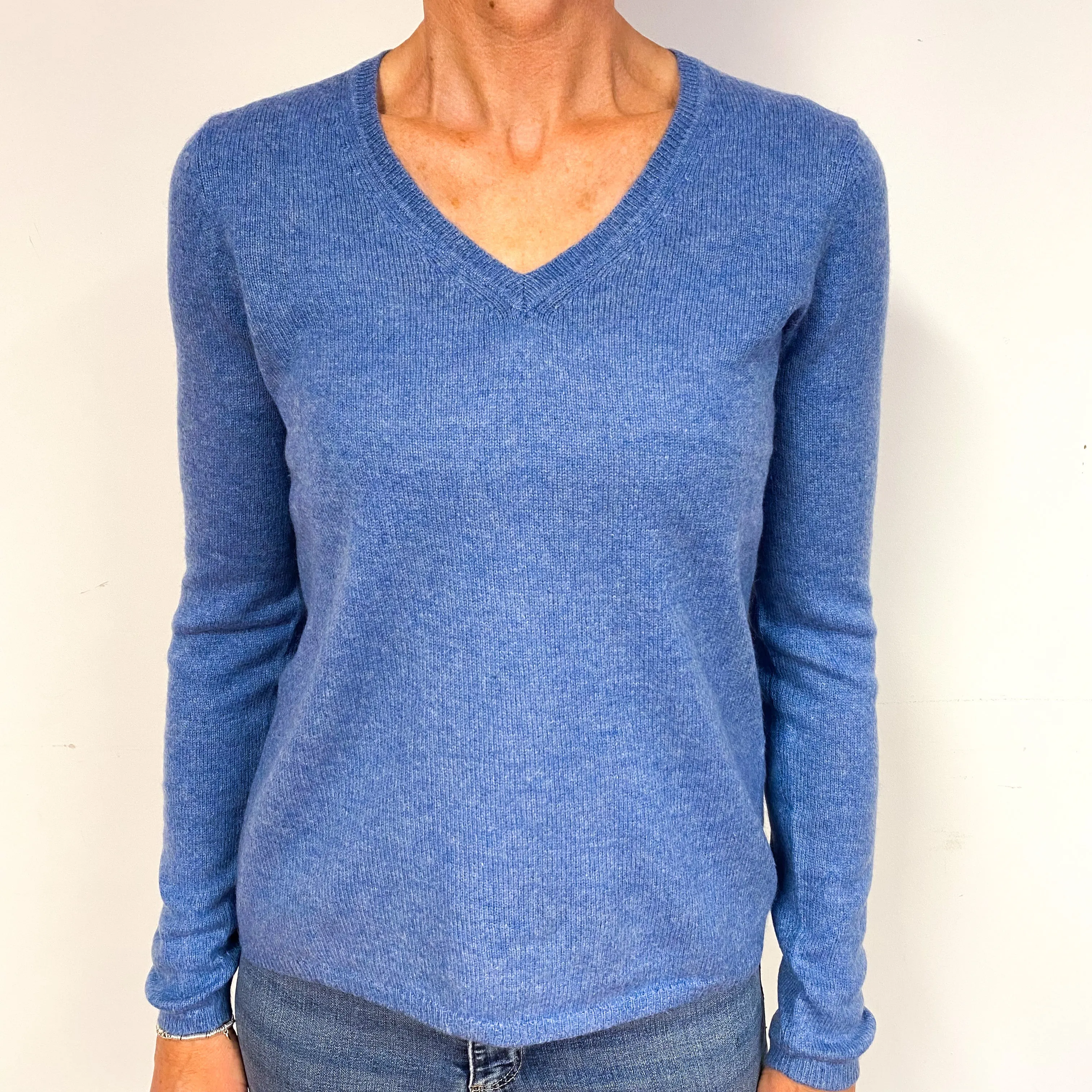 Denim Blue Lightweight Cashmere V-Neck Jumper Medium