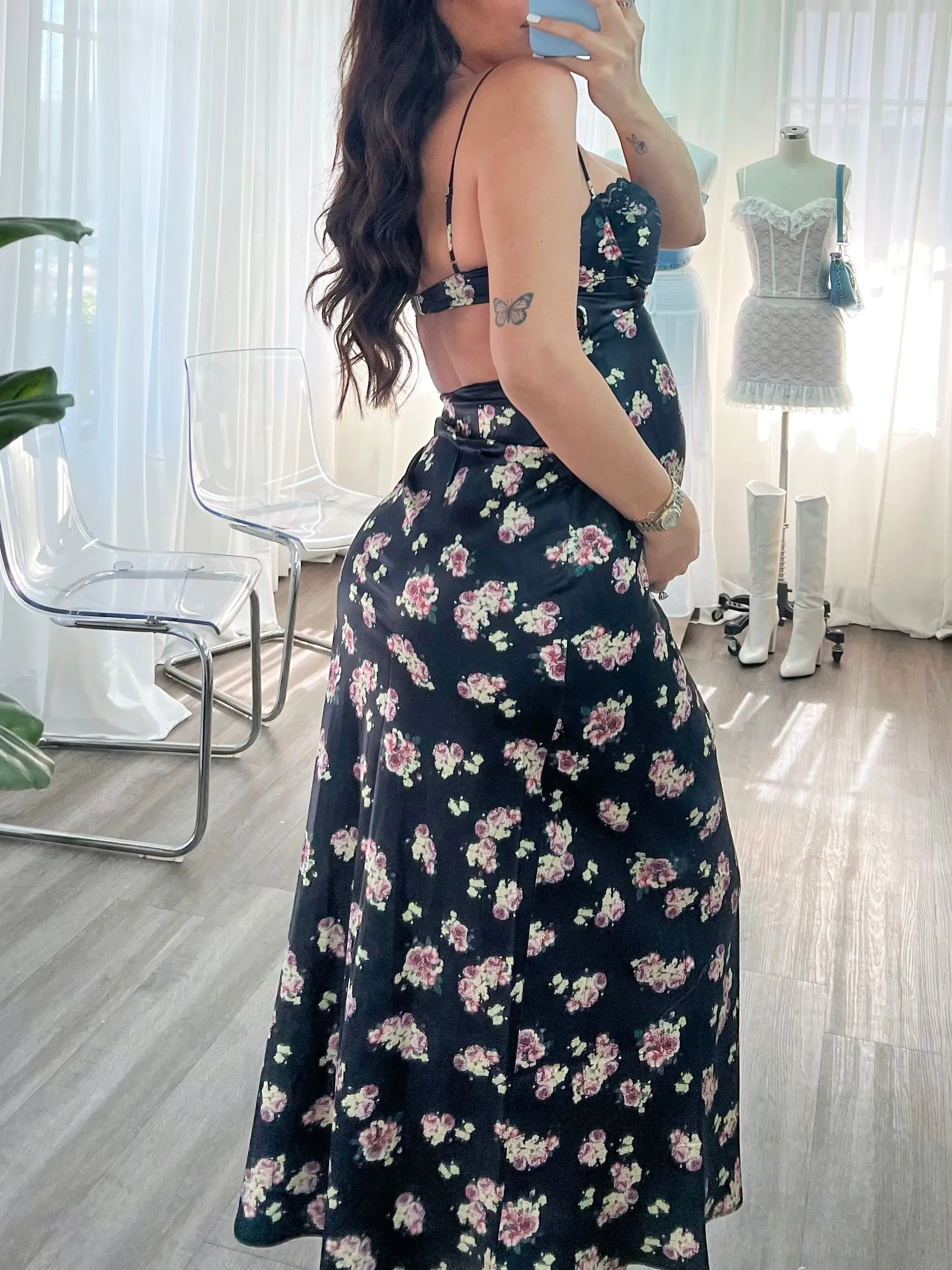 Diana Satin Flower Dress (Black)