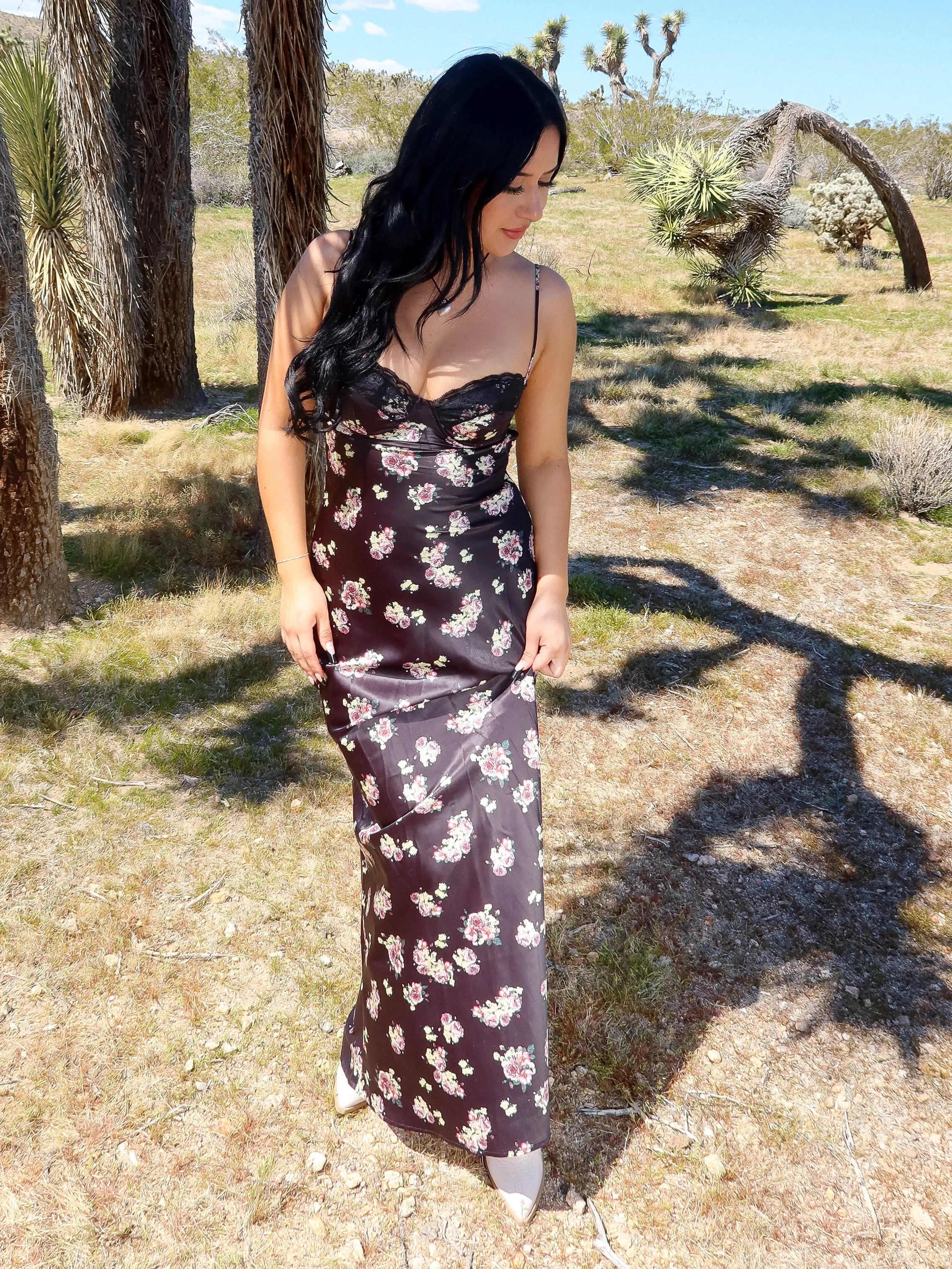 Diana Satin Flower Dress (Black)
