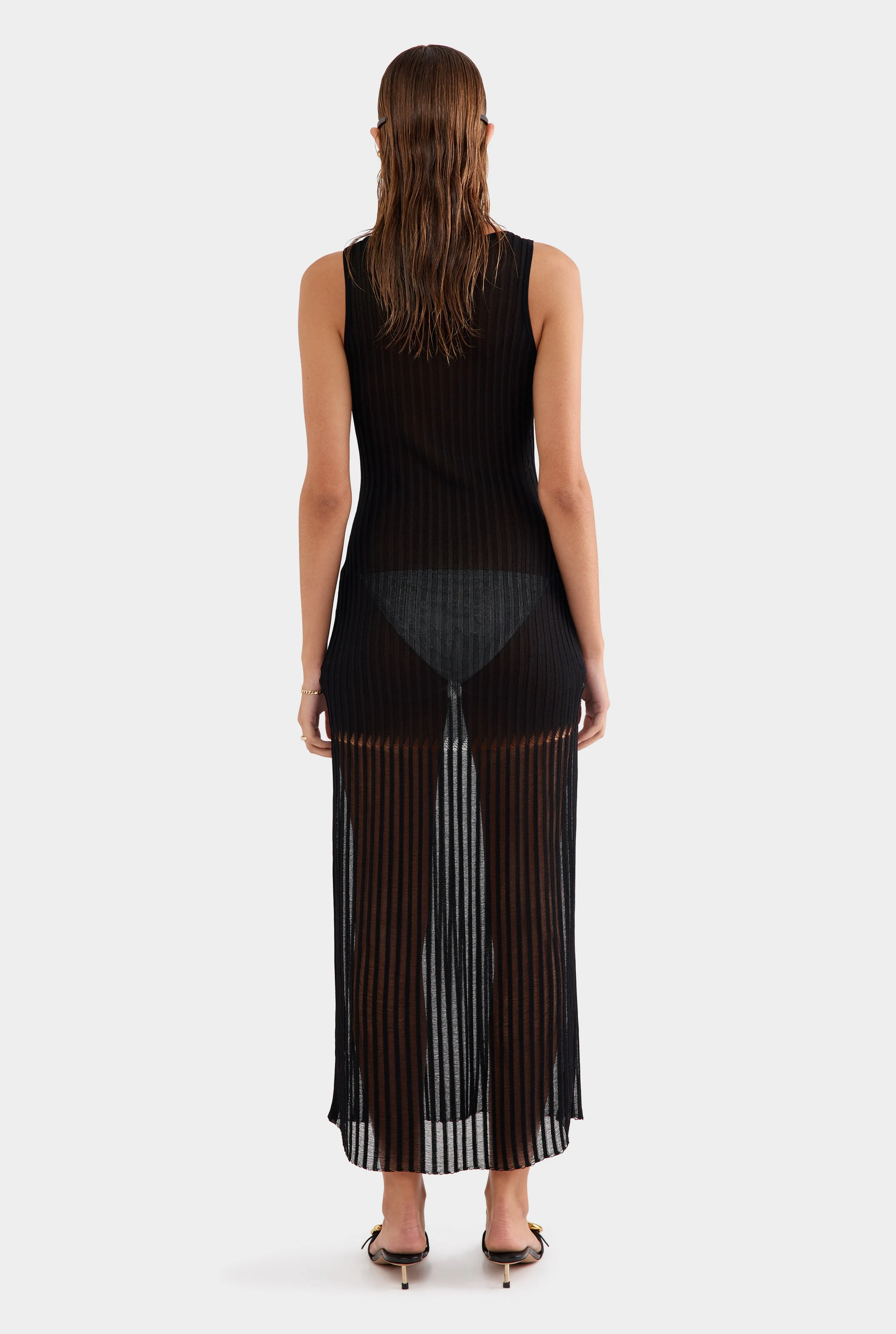 Drop Needle Rib Knitted Tank Dress - Black