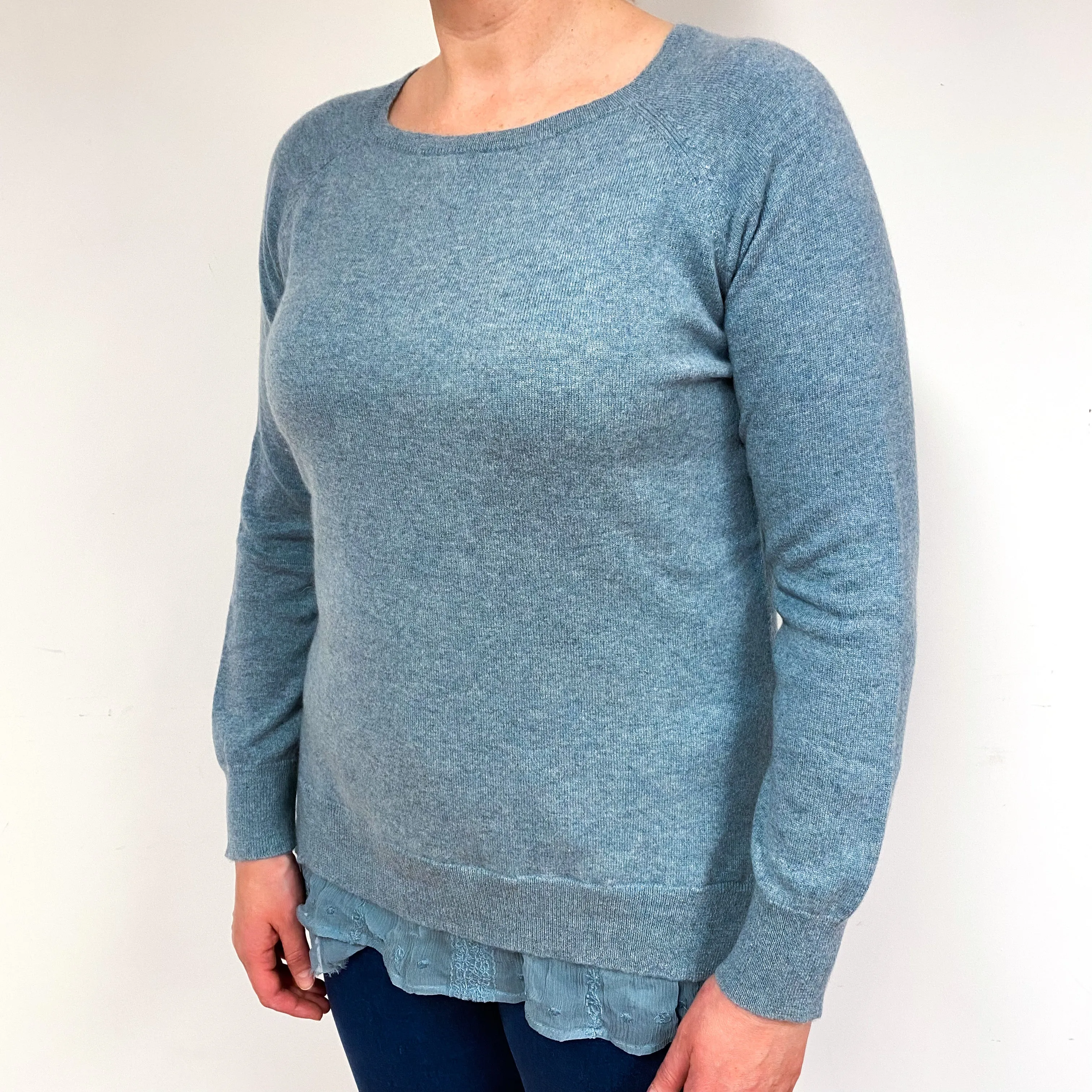 Duck Egg Blue Trimmed Cashmere Crew Neck Jumper Large