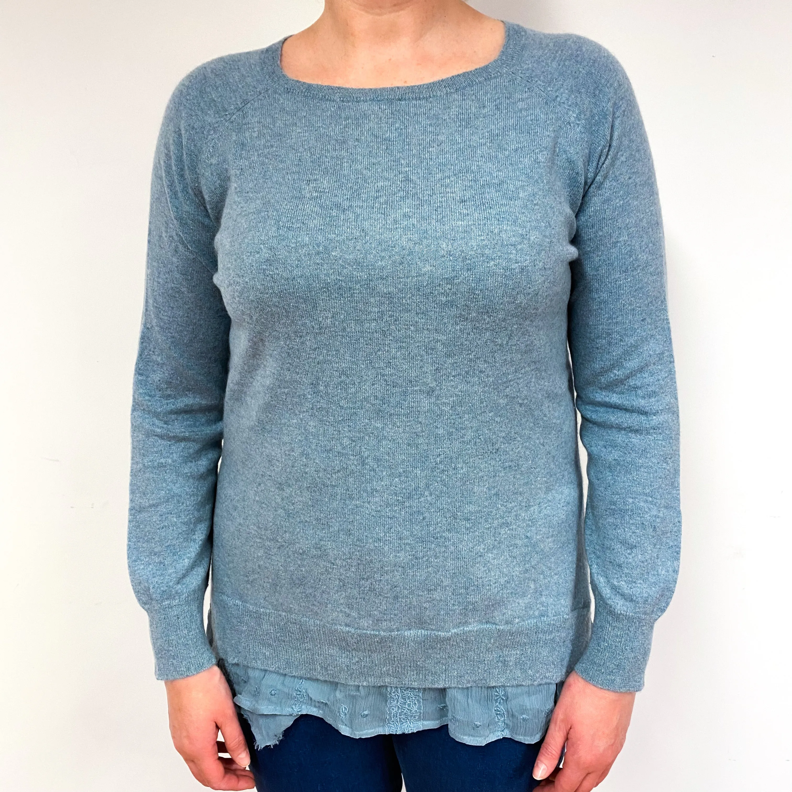 Duck Egg Blue Trimmed Cashmere Crew Neck Jumper Large