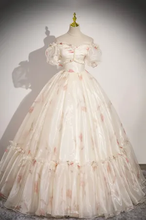 Elegant Floral Tulle Long Prom Dress, Champagne Short Sleeve Evening Dress