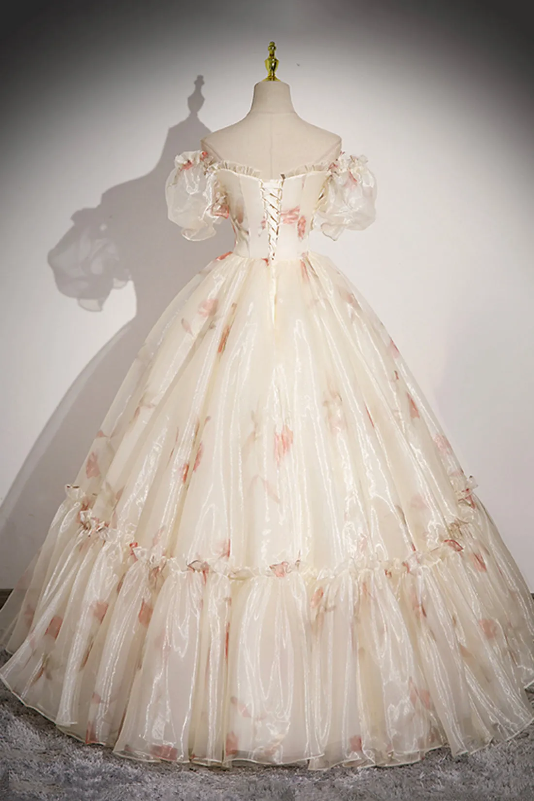 Elegant Floral Tulle Long Prom Dress, Champagne Short Sleeve Evening Dress
