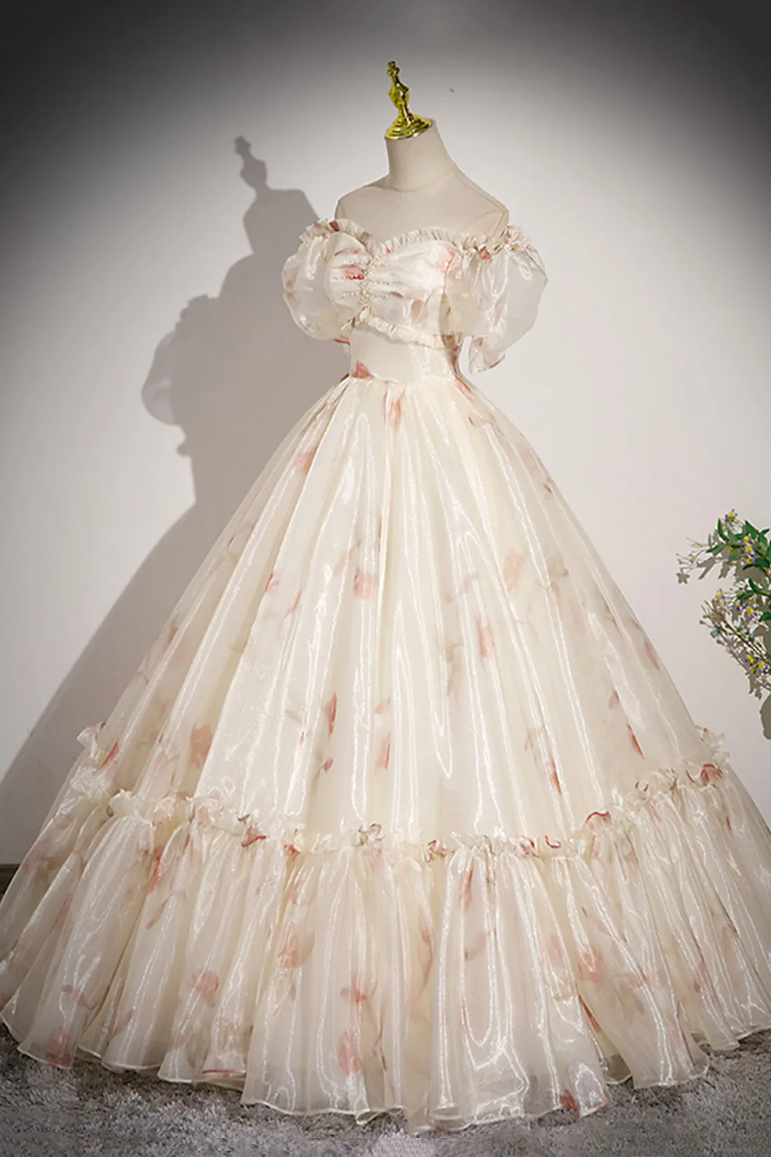 Elegant Floral Tulle Long Prom Dress, Champagne Short Sleeve Evening Dress