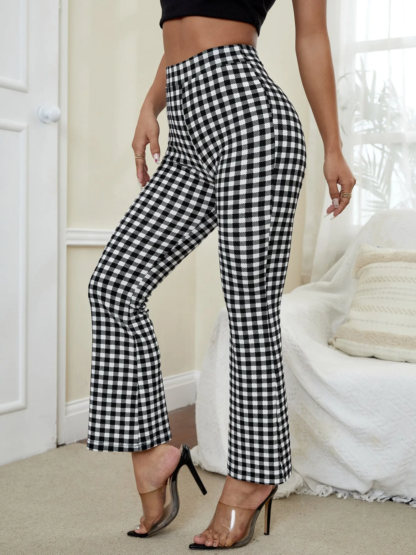 Elegant Gingham High Waist Cropped Women Pants