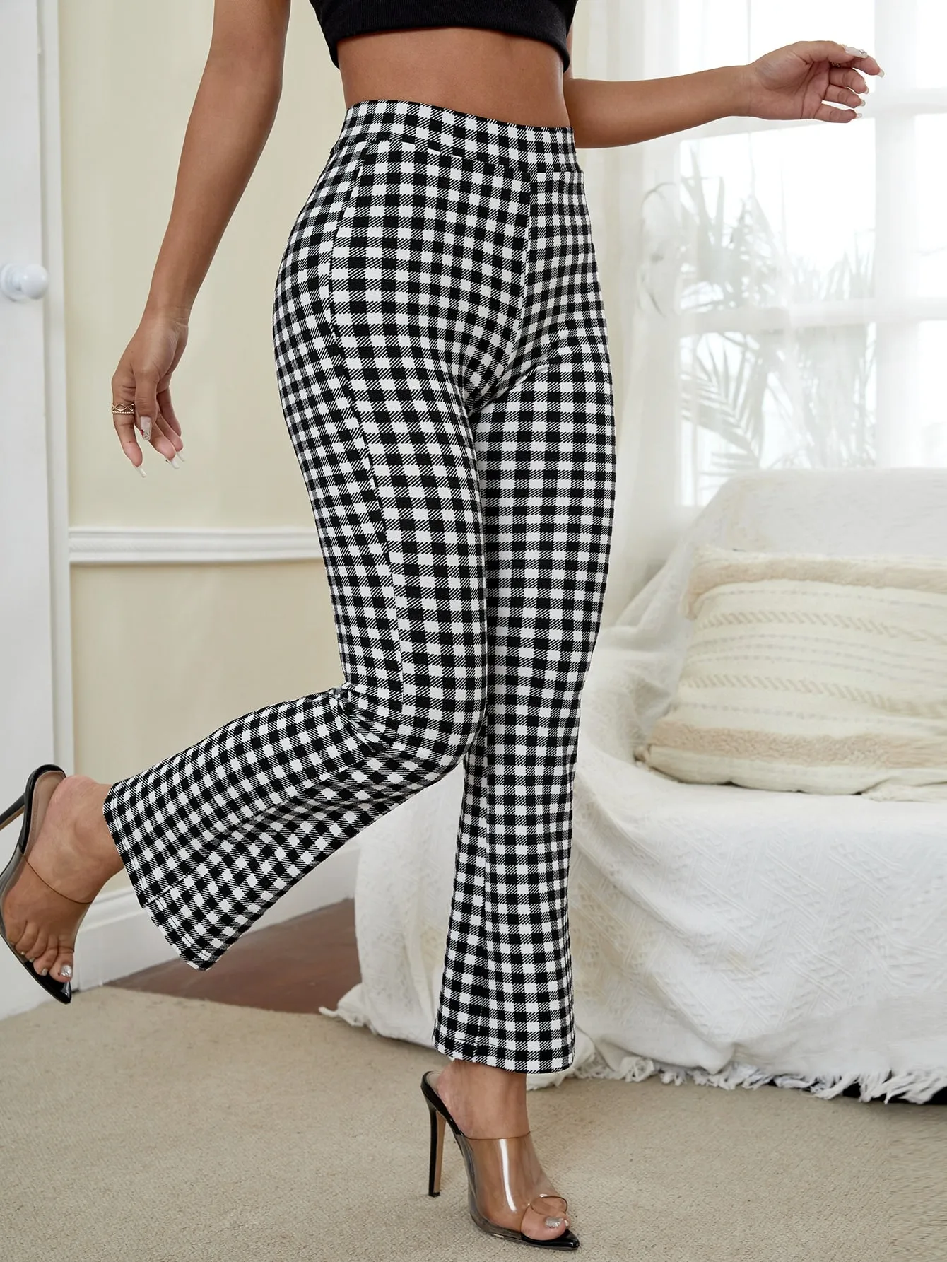 Elegant Gingham High Waist Cropped Women Pants