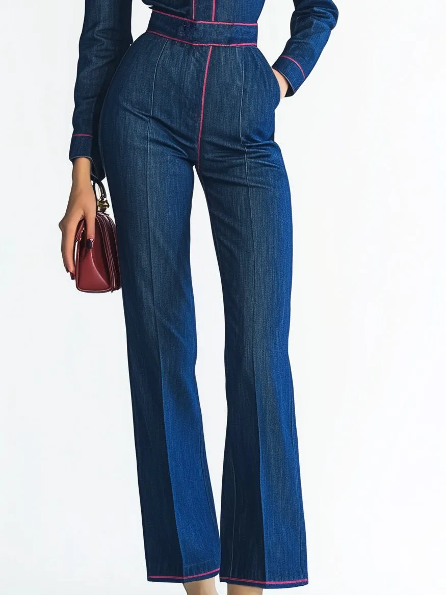 Elegant Pink Button Lapel Denim Wide Leg Long Sleeve Jumpsuit
