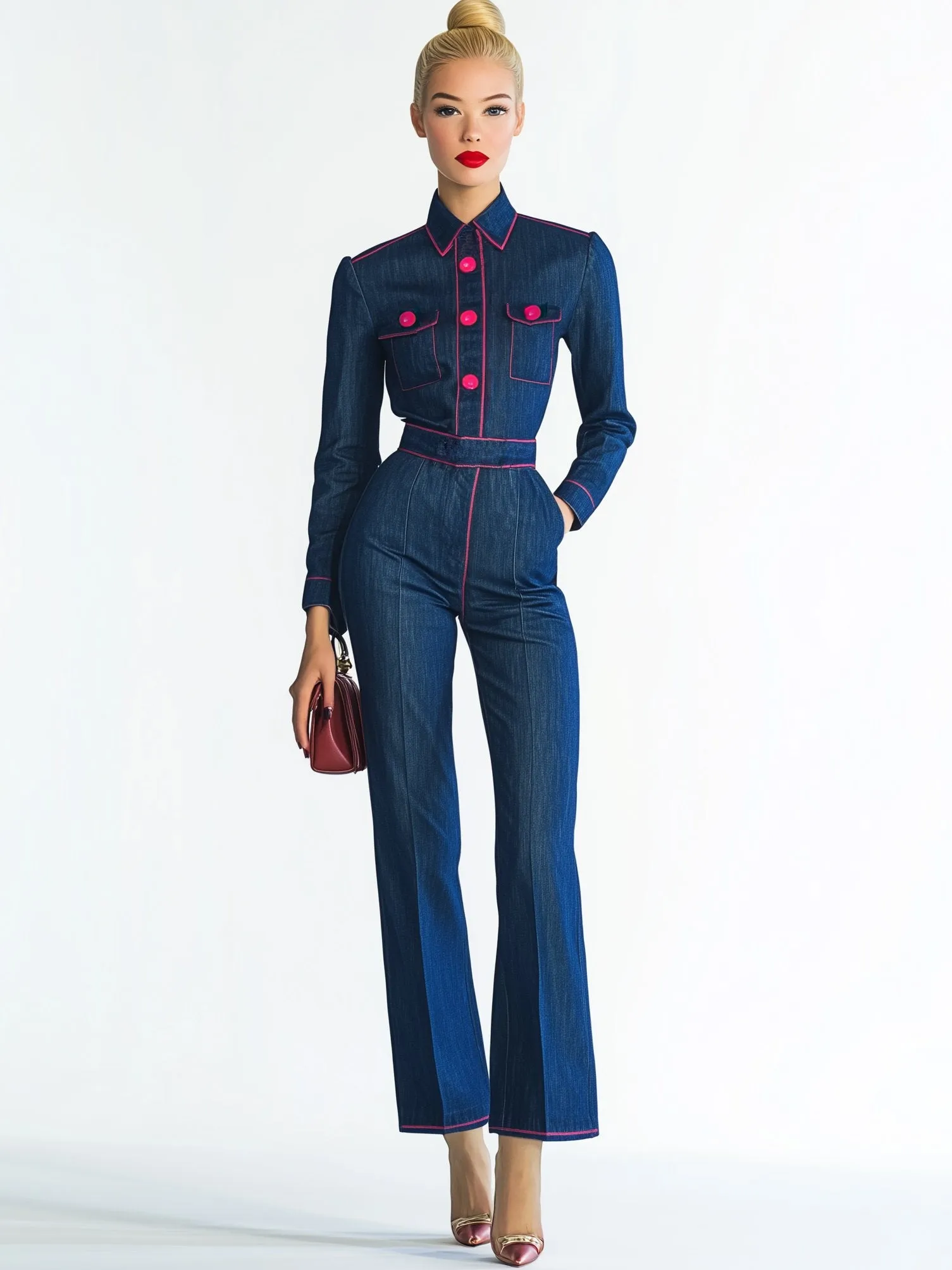 Elegant Pink Button Lapel Denim Wide Leg Long Sleeve Jumpsuit