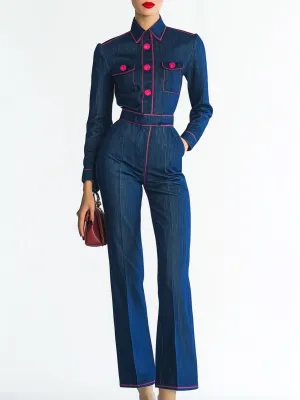 Elegant Pink Button Lapel Denim Wide Leg Long Sleeve Jumpsuit