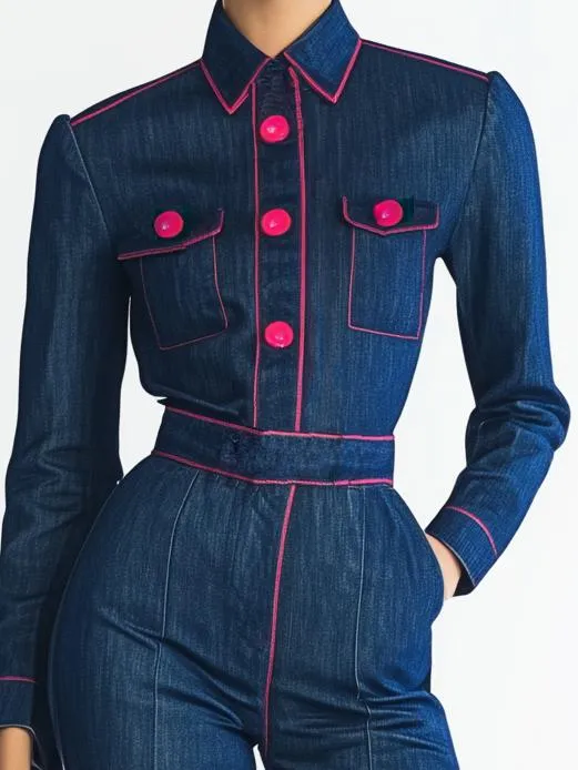 Elegant Pink Button Lapel Denim Wide Leg Long Sleeve Jumpsuit