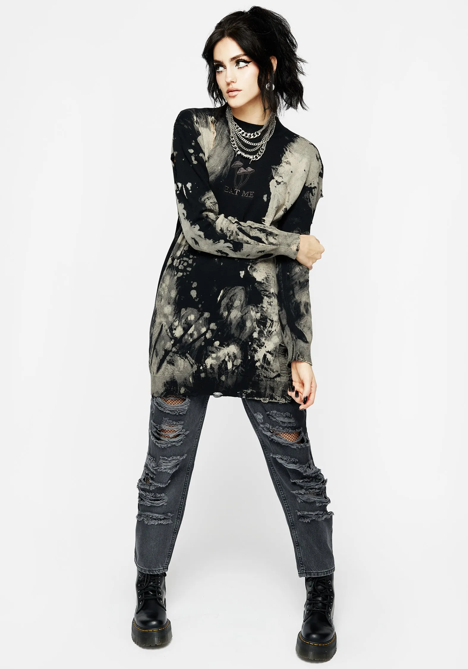 Enigma Embroidered Distressed Knit Sweater