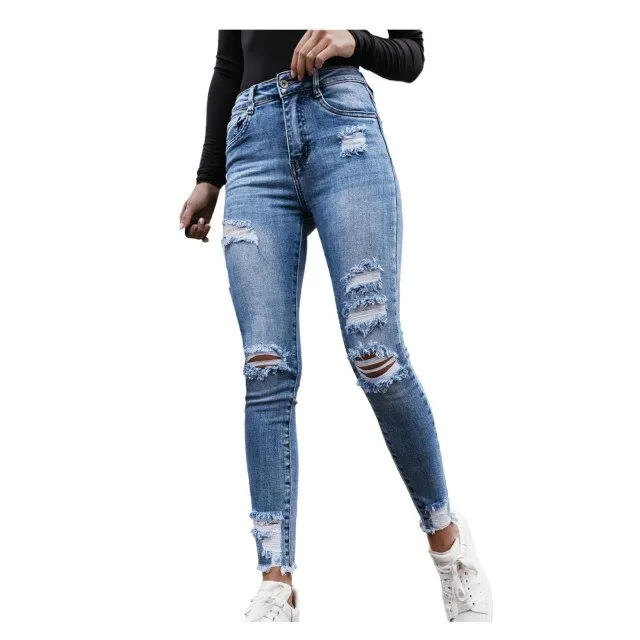 FashionSierra - Women Button High Waist Pocket Elastic Hole Jeans Trousers Slim Fashion Casual Denim Pants