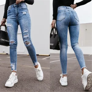 FashionSierra - Women Button High Waist Pocket Elastic Hole Jeans Trousers Slim Fashion Casual Denim Pants
