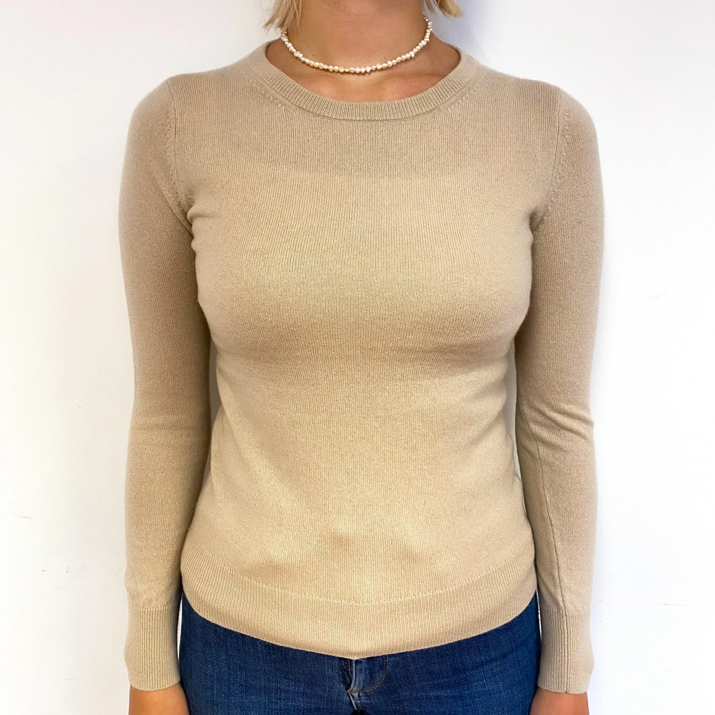 Fawn Beige Cashmere Crew Neck Jumper Small