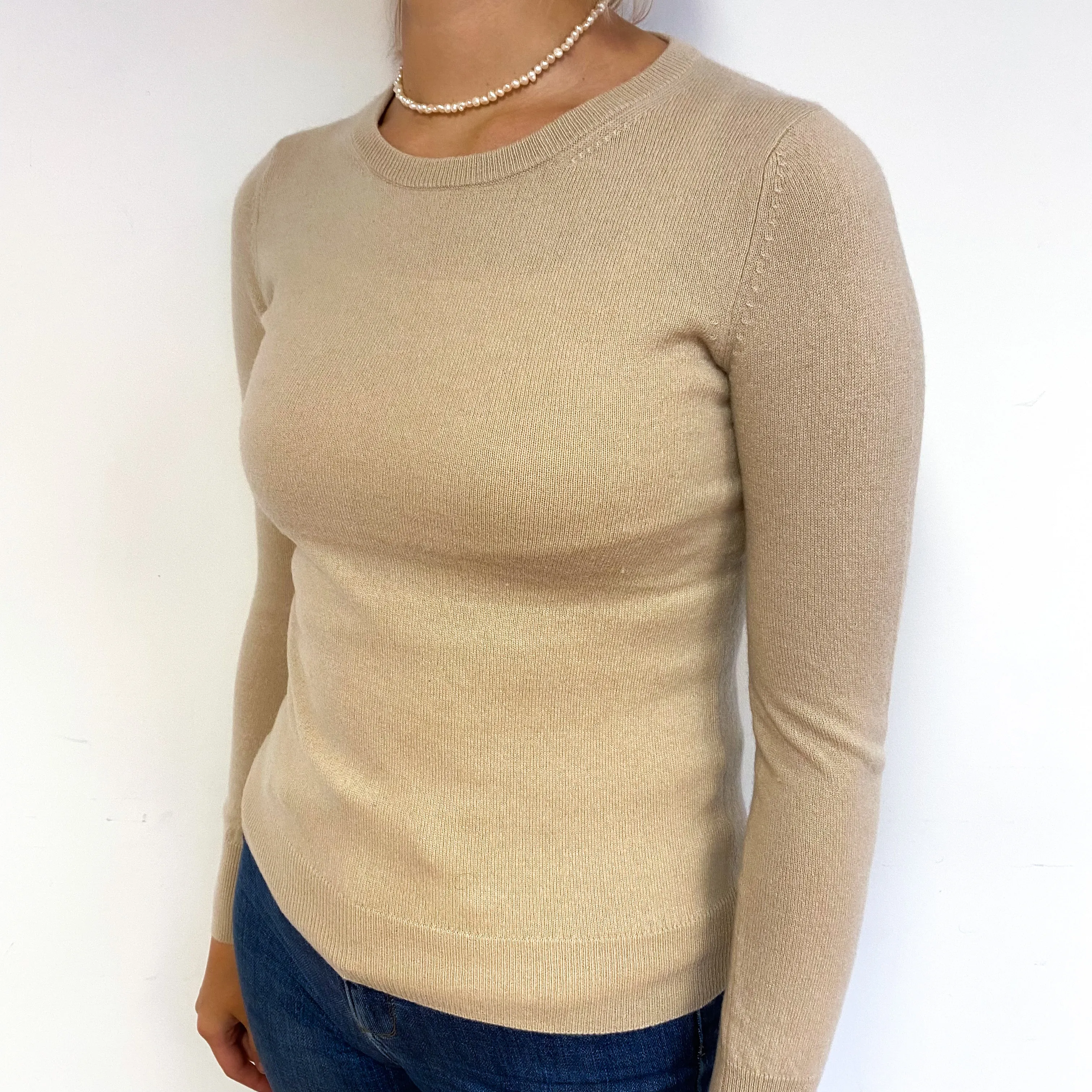Fawn Beige Cashmere Crew Neck Jumper Small