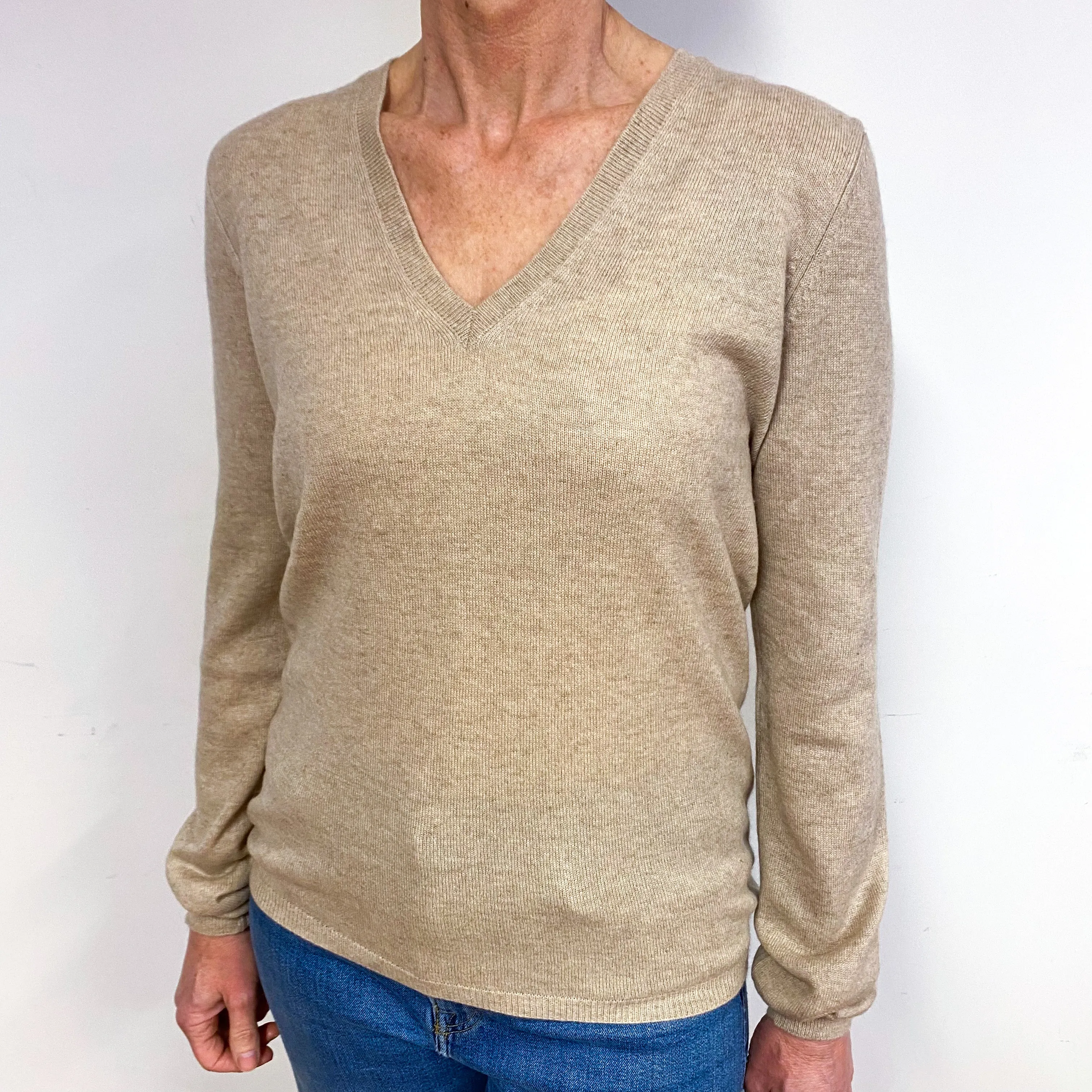 Fawn Brown Cashmere V-Neck Jumper Medium