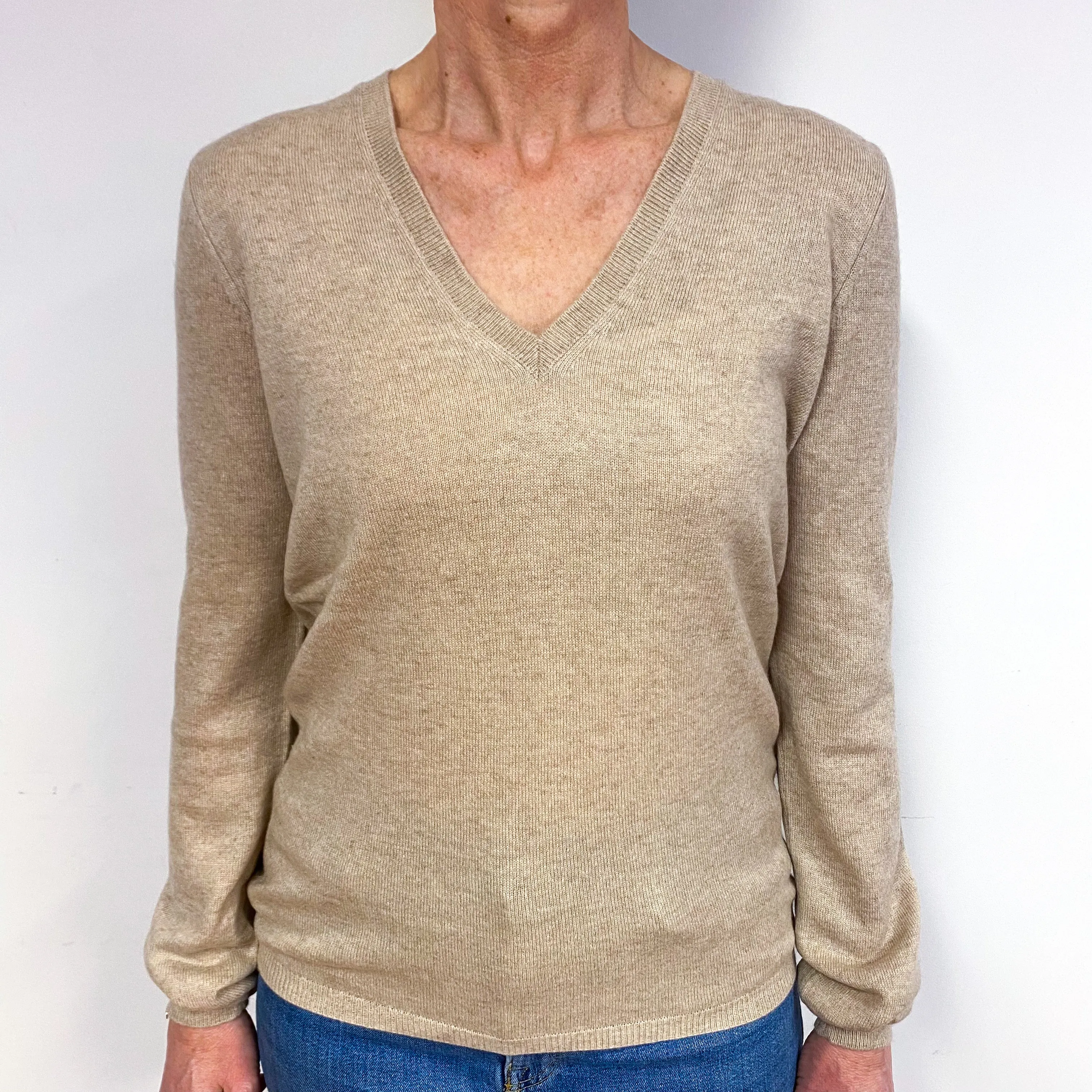 Fawn Brown Cashmere V-Neck Jumper Medium