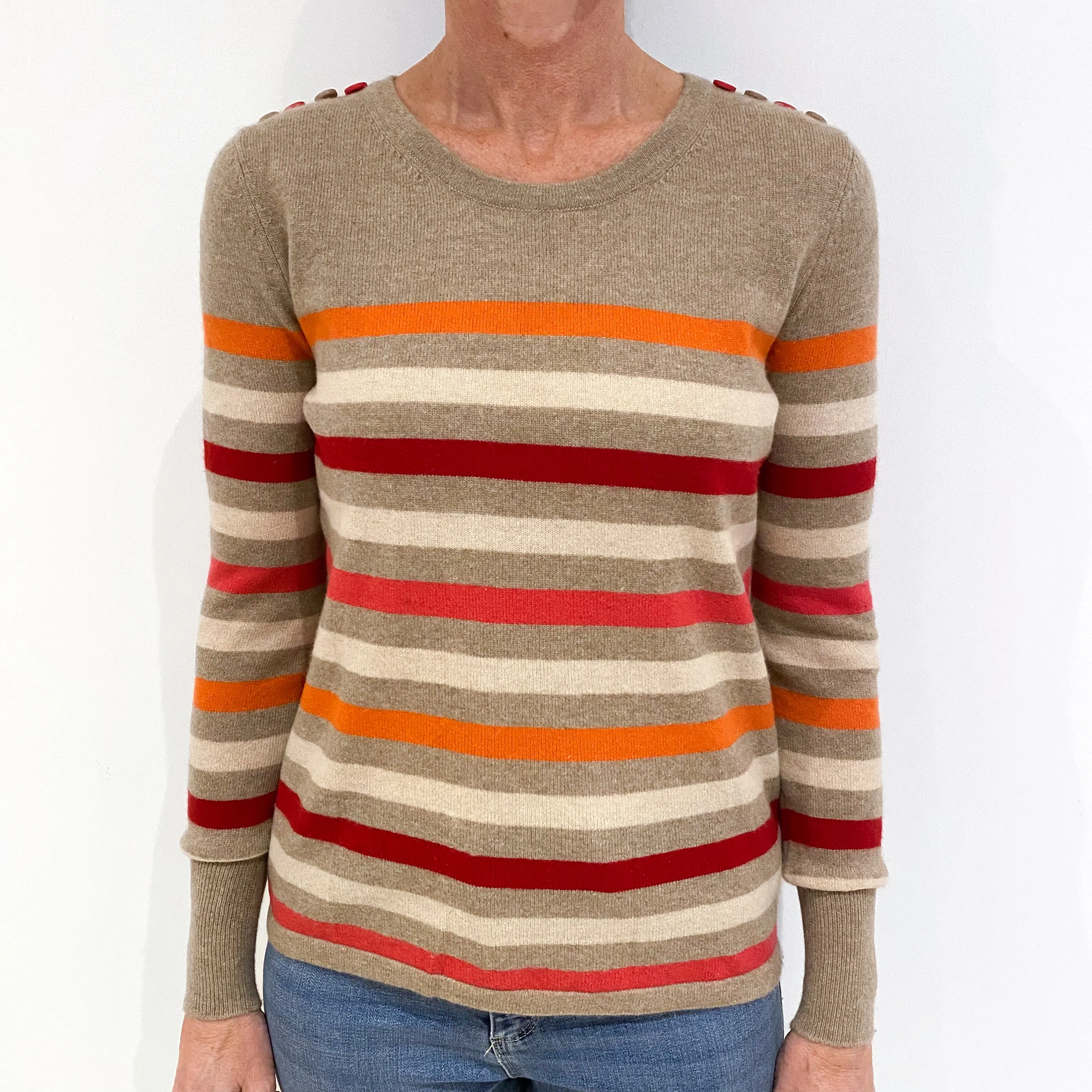 Fawn Colourful Stripe Cashmere Crew Neck Jumper Small