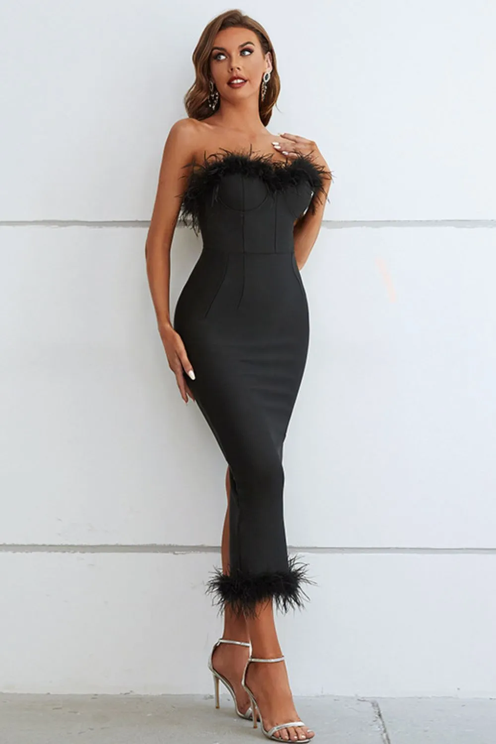 Feather Trim Strapless Dress