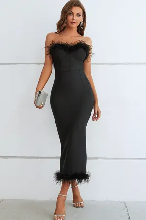 Feather Trim Strapless Dress
