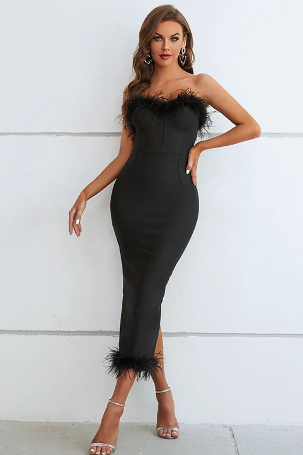 Feather Trim Strapless Dress