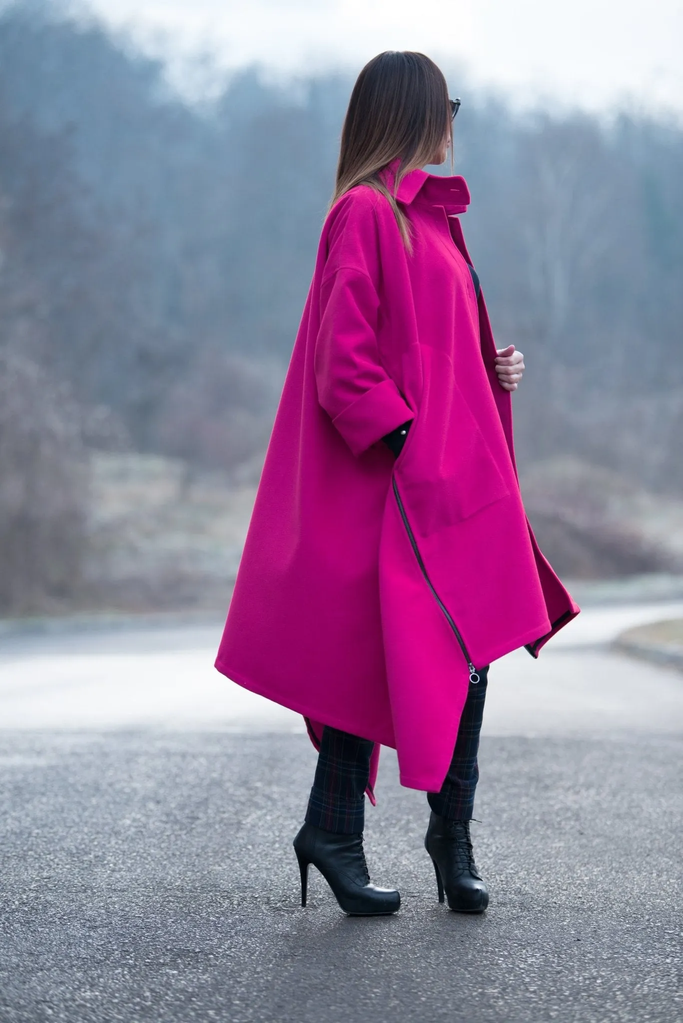 FEDERICA Hot Pink Women Loose Winter Coat