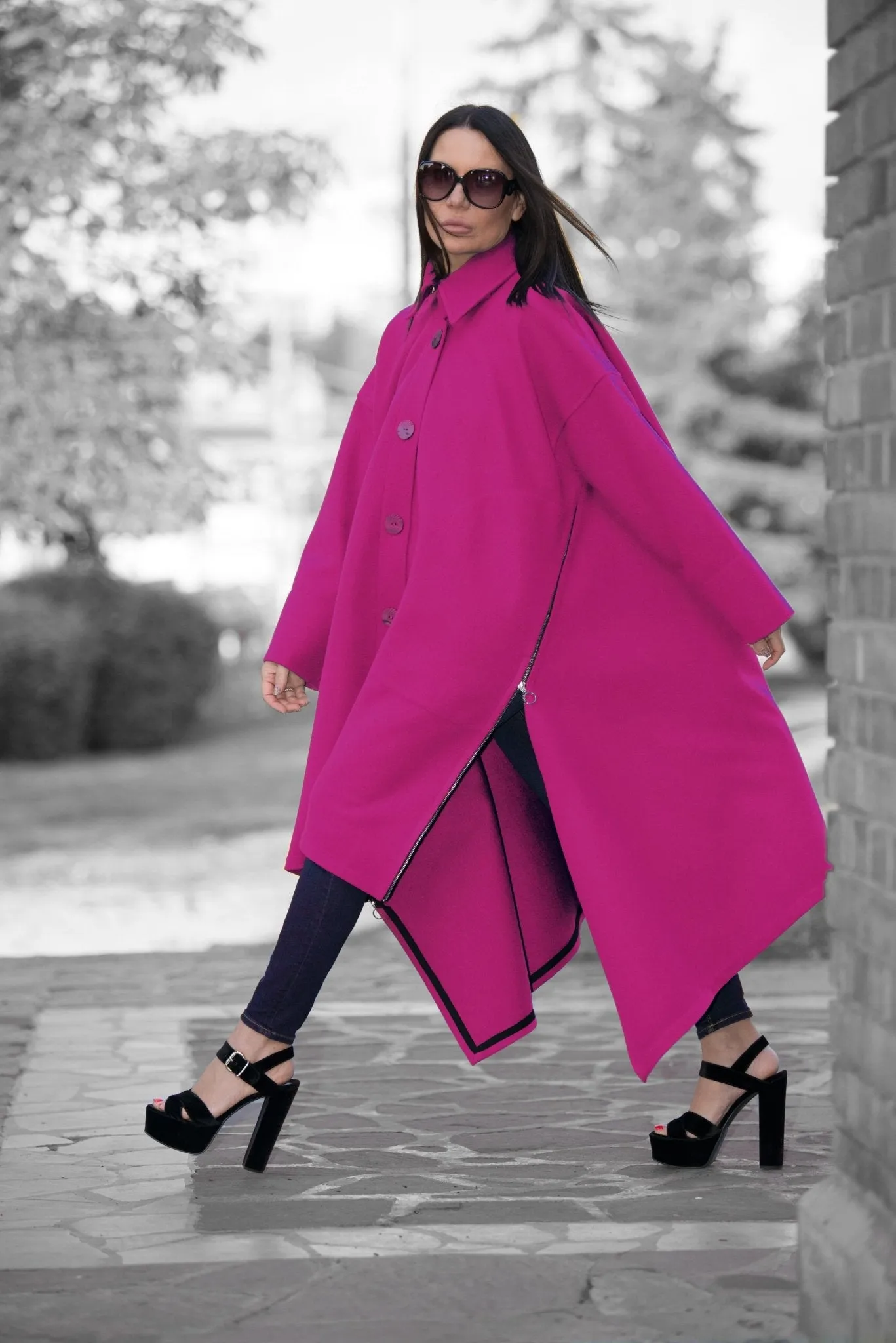 FEDERICA Hot Pink Women Loose Winter Coat