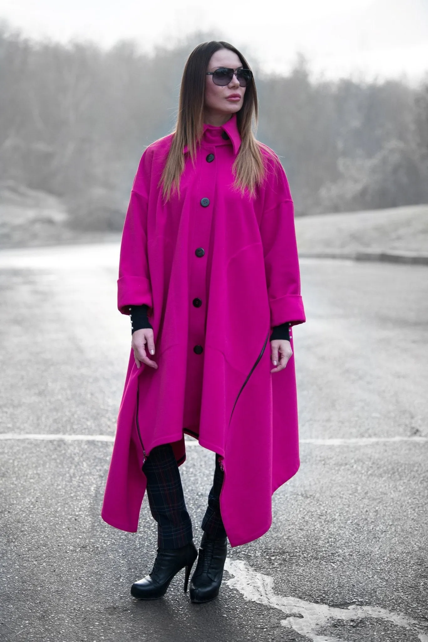 FEDERICA Hot Pink Women Loose Winter Coat
