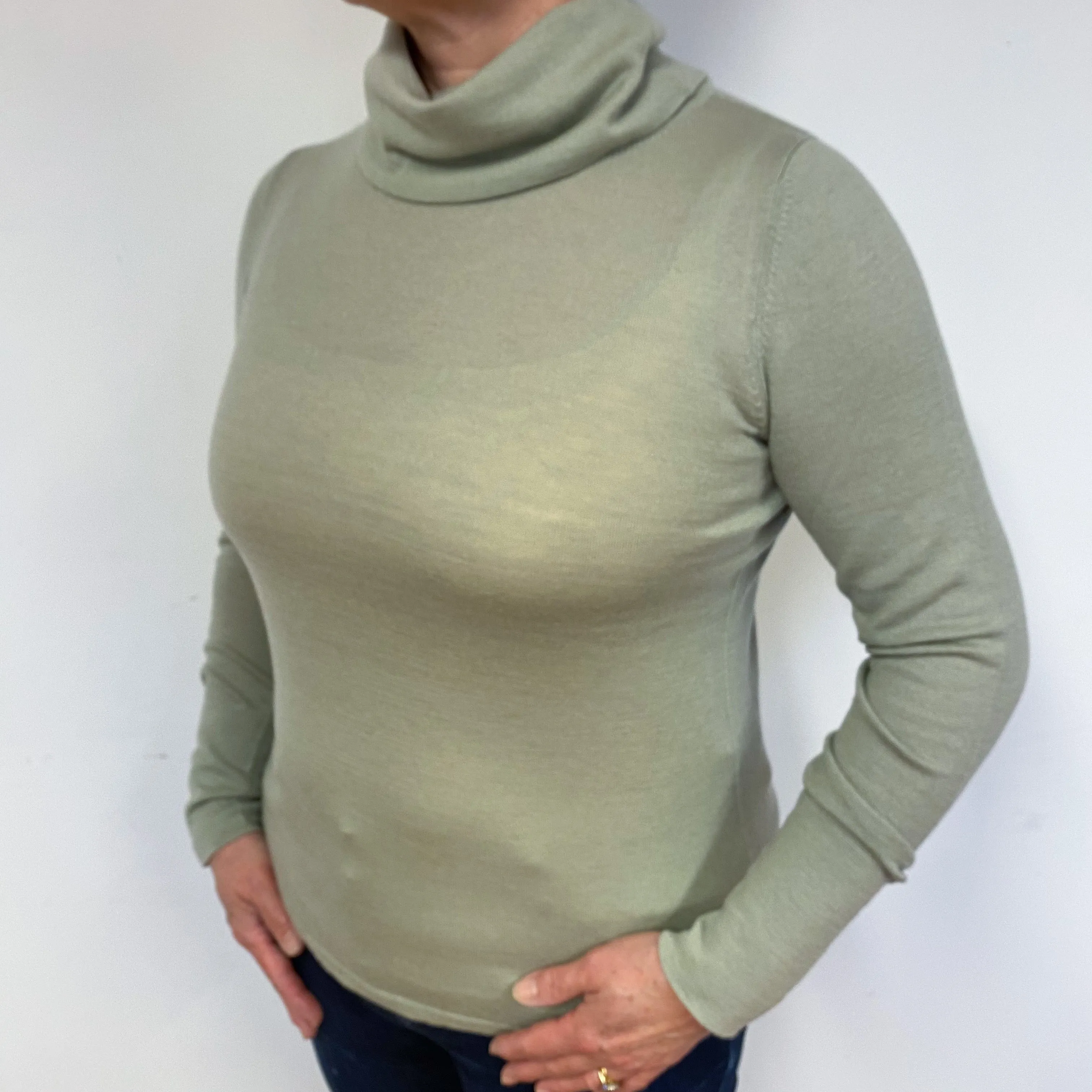 Fine Knit Sage Green Cashmere Polo Neck Jumper Large