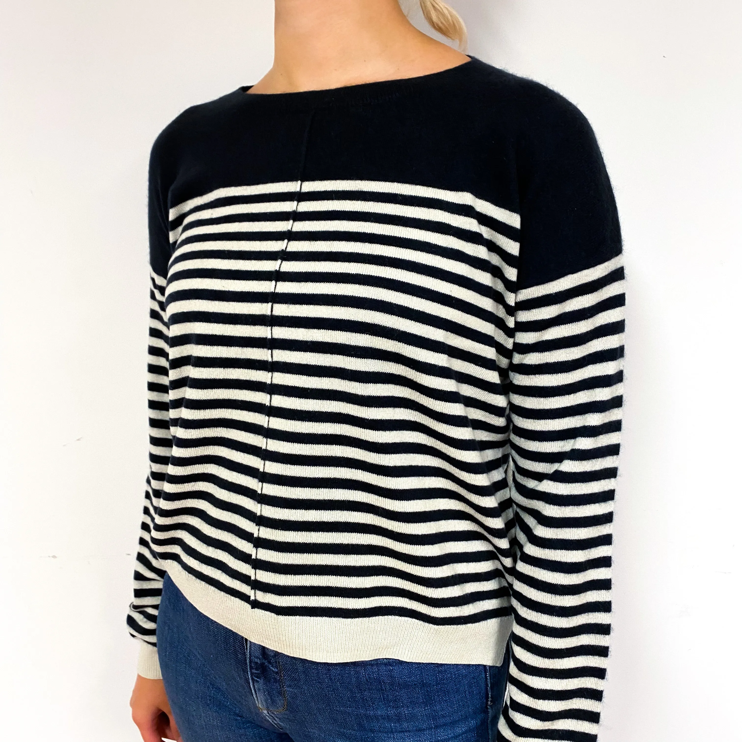 French Navy Ivory Stripe Cashmere Crew Neck Jumper Small