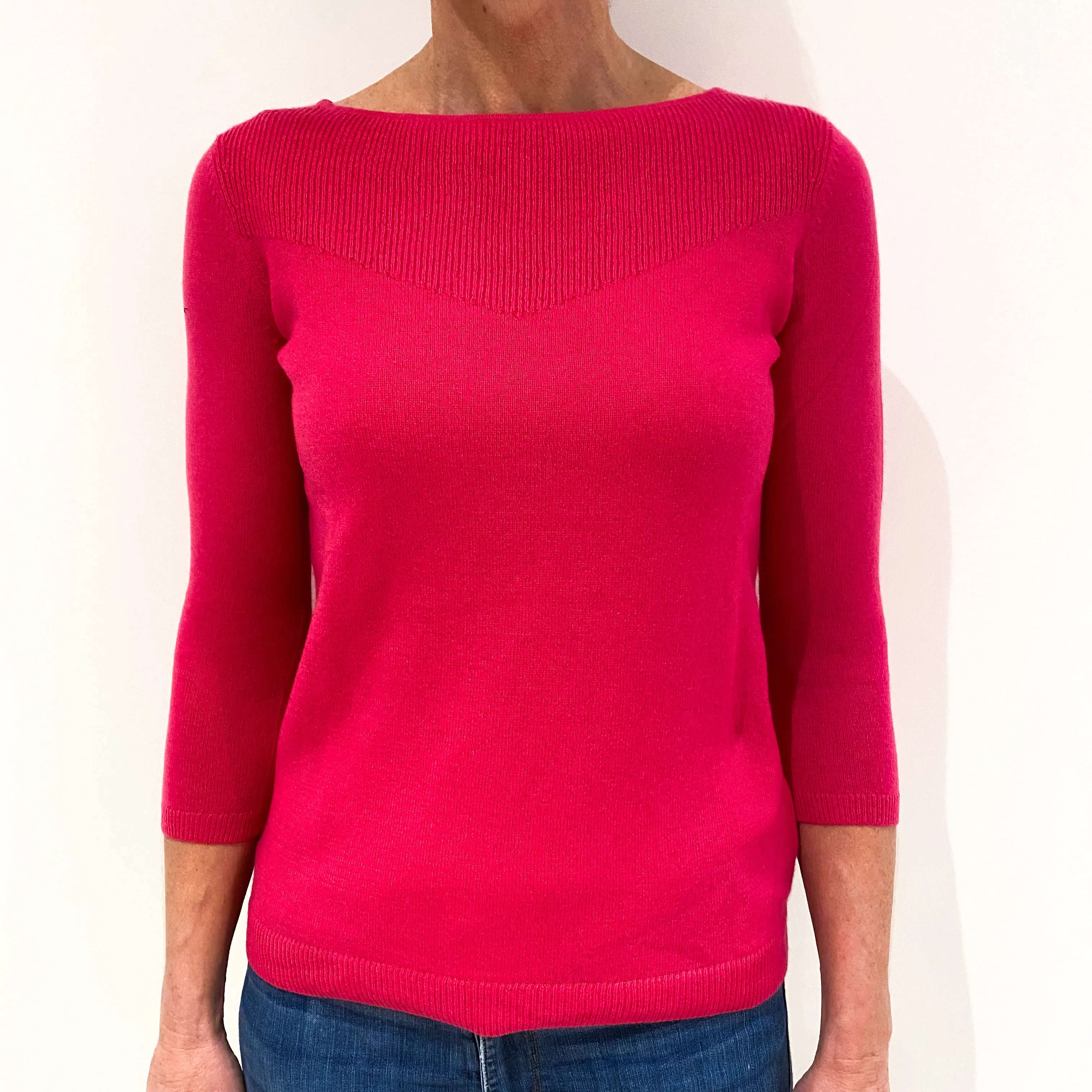 Fuchsia Pink 3/4 Sleeved Cashmere Crew Neck Jumper Small