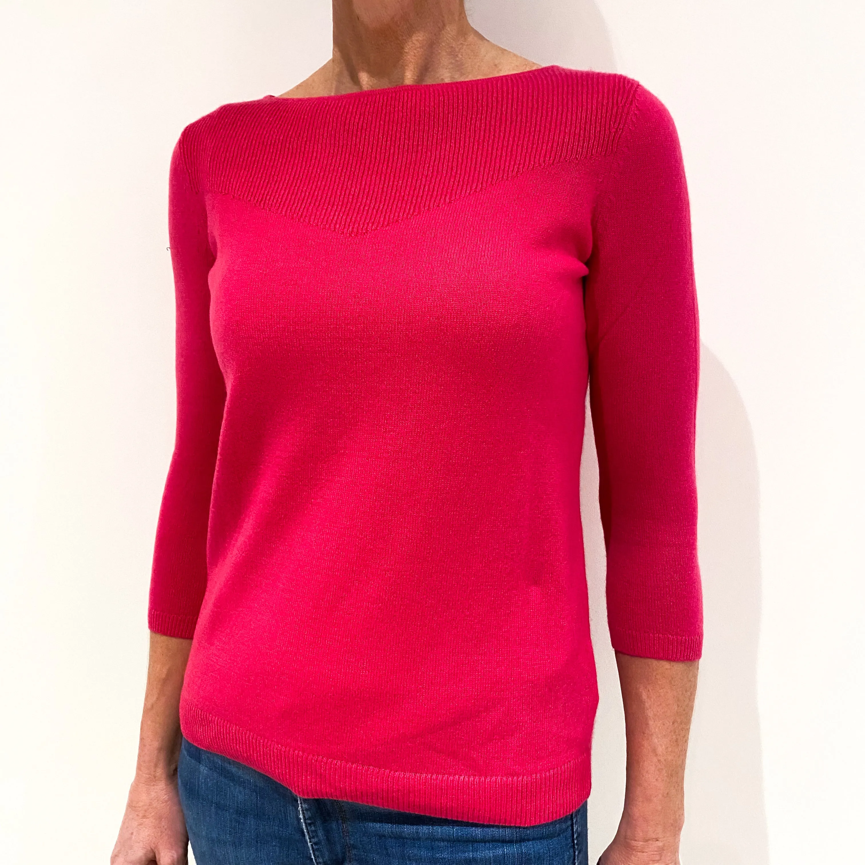 Fuchsia Pink 3/4 Sleeved Cashmere Crew Neck Jumper Small
