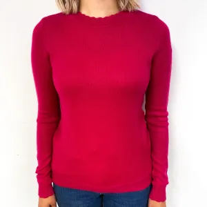 Fuchsia Pink Cashmere Scalloped Crew Neck Jumper Small